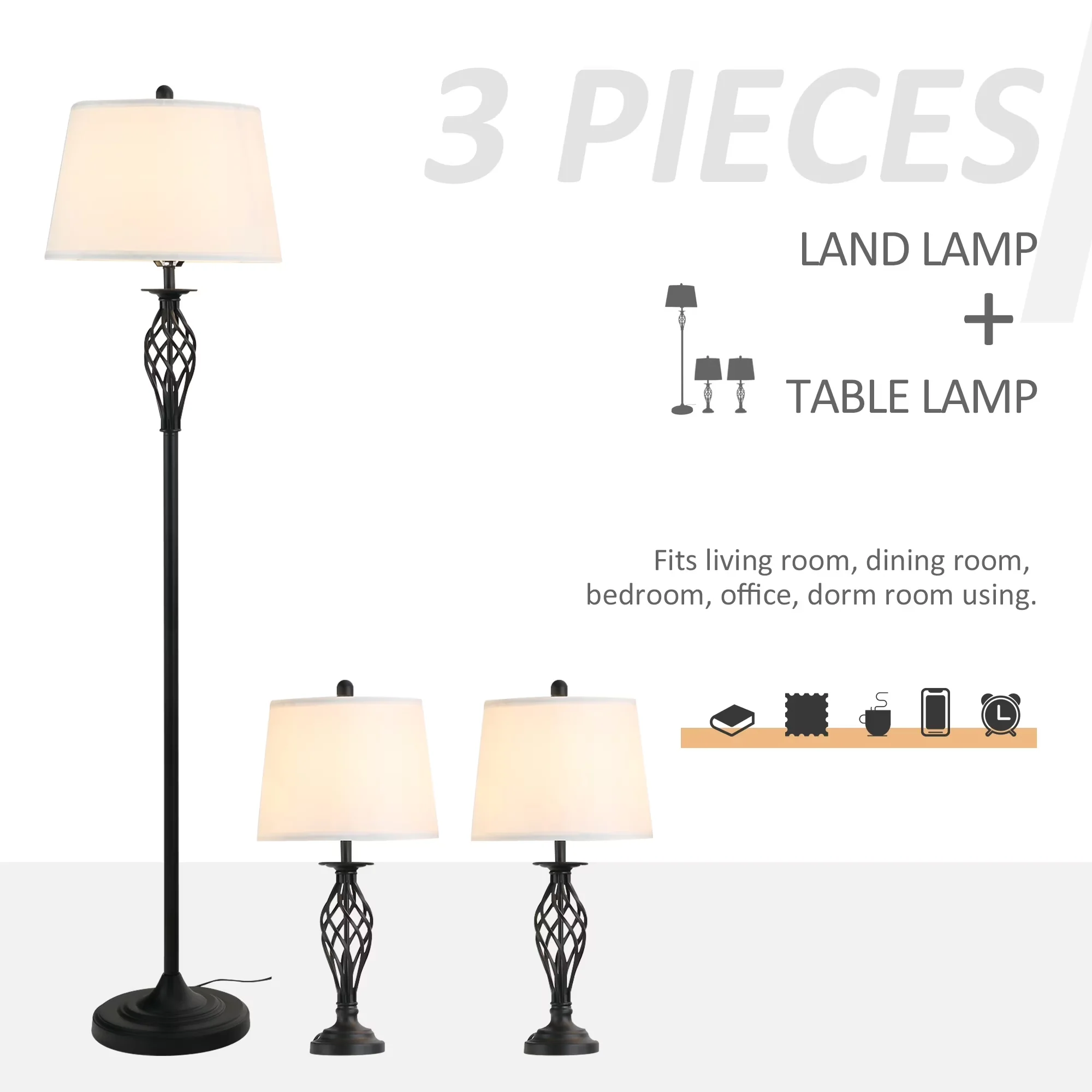 Compact Lamp Set with LED, Modern, 3 Piece Floor Lamps - Black Steel - Universal Fit Model 977528