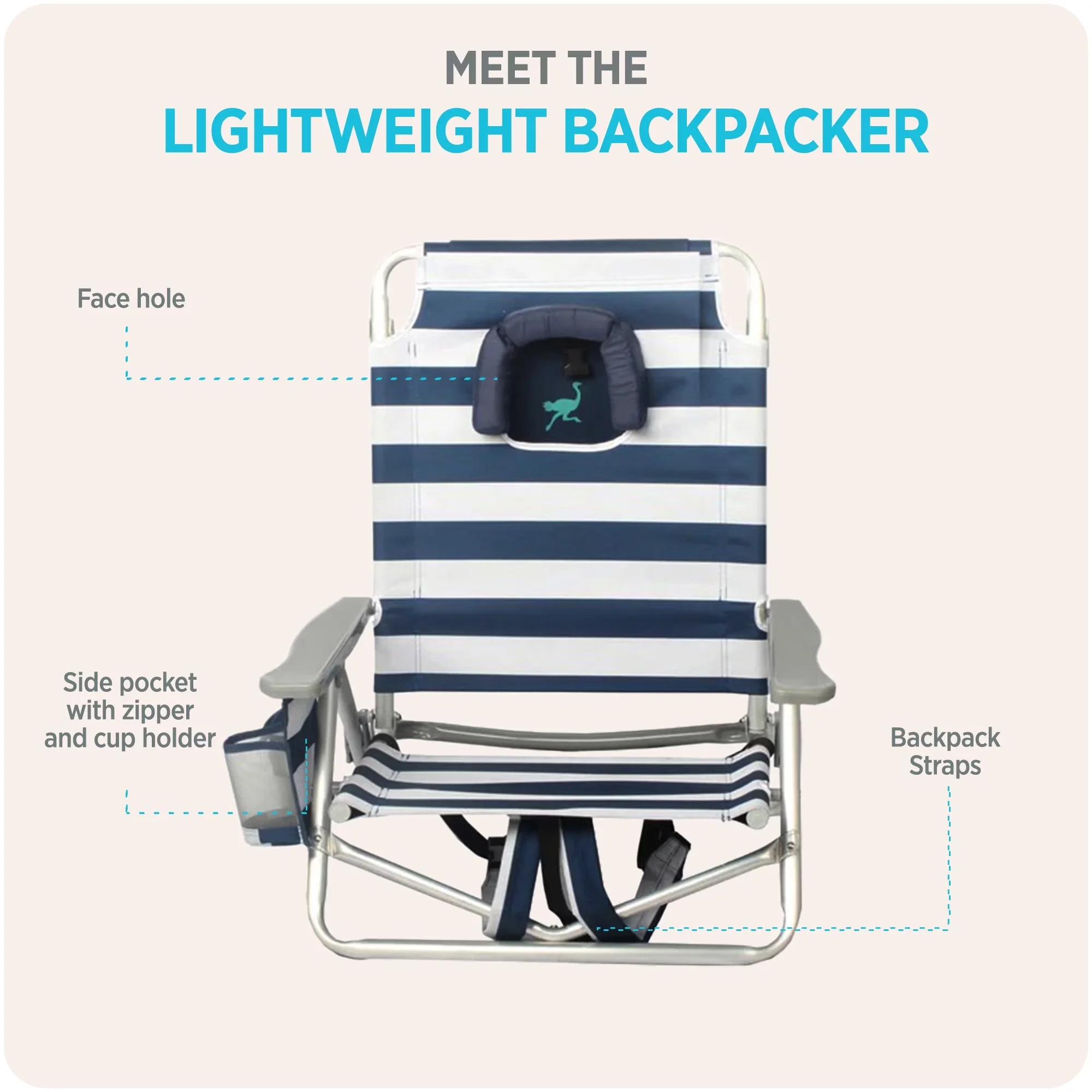 Premium Beach Chair with Rust Resistant, Folding, Blue Stripe - Blue Lightweight Model 42E2E3