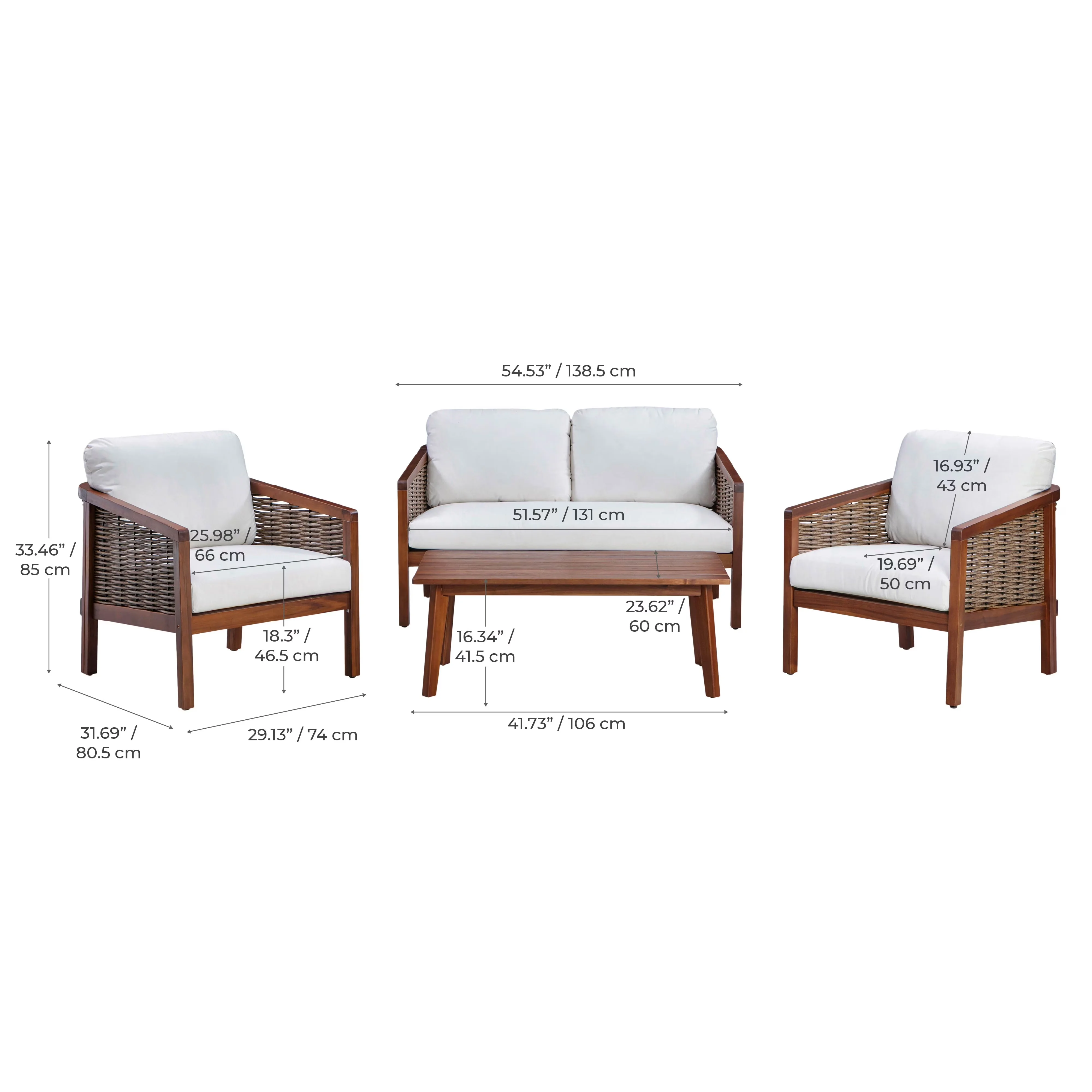 Modern Patio Conversation Set with Cushions & Coffee Table, Brown - Solid Acacia - Brown Color. Fabric In Spun Polyester 230Gr - Foam... Model 5CDE13