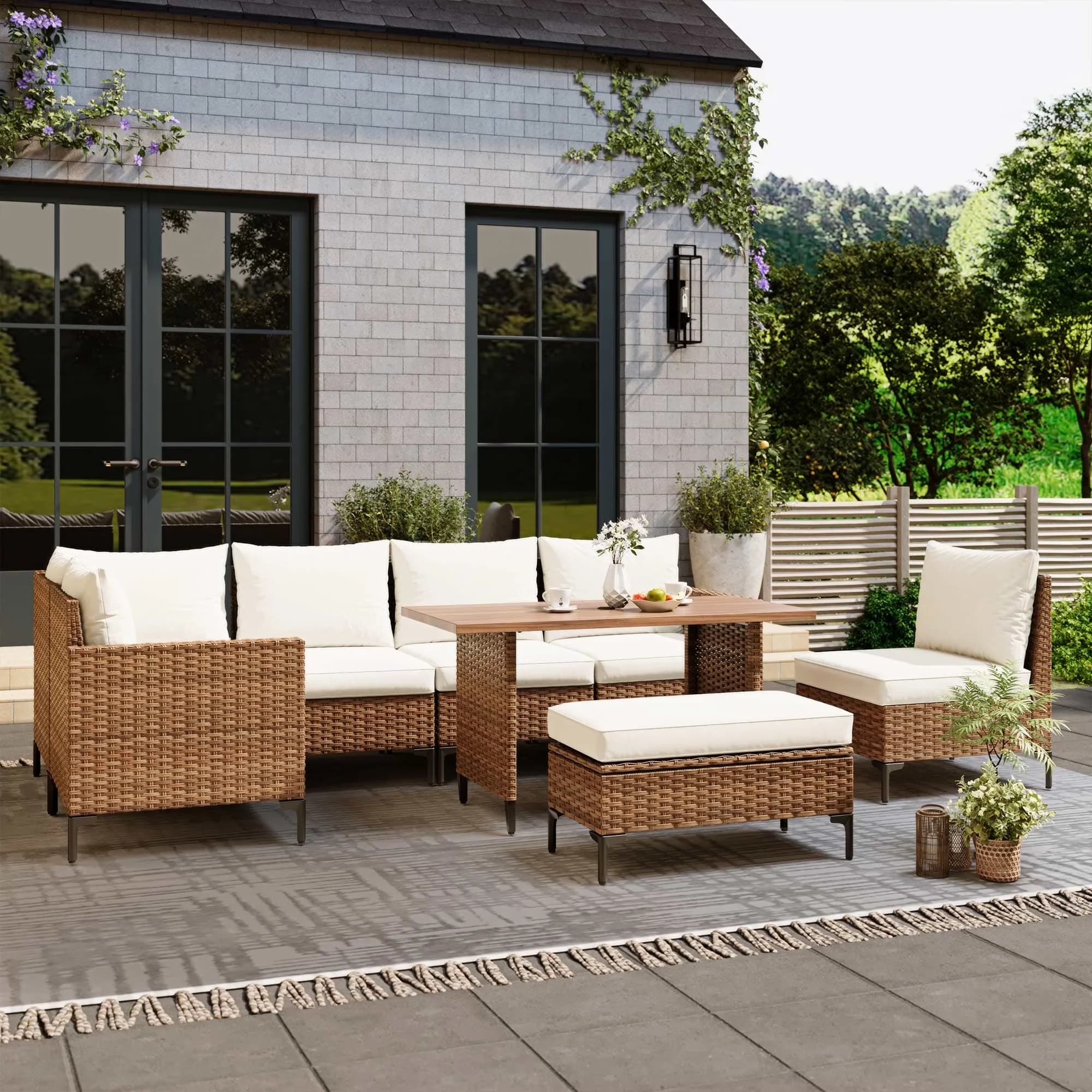 Versatile Patio Conversation Set with Storage, Reclining, 8-Piece Furniture - Beige Model 5A4A04