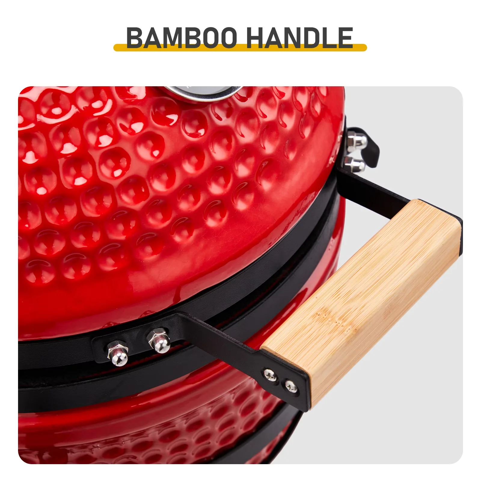 Smoker Premium with Heat Thermometer, 13in Round Ceramic Charcoal Grill - Ceramic Body, Cast Iron Lid, Iron Stand And Hardware Red Model B3EF71