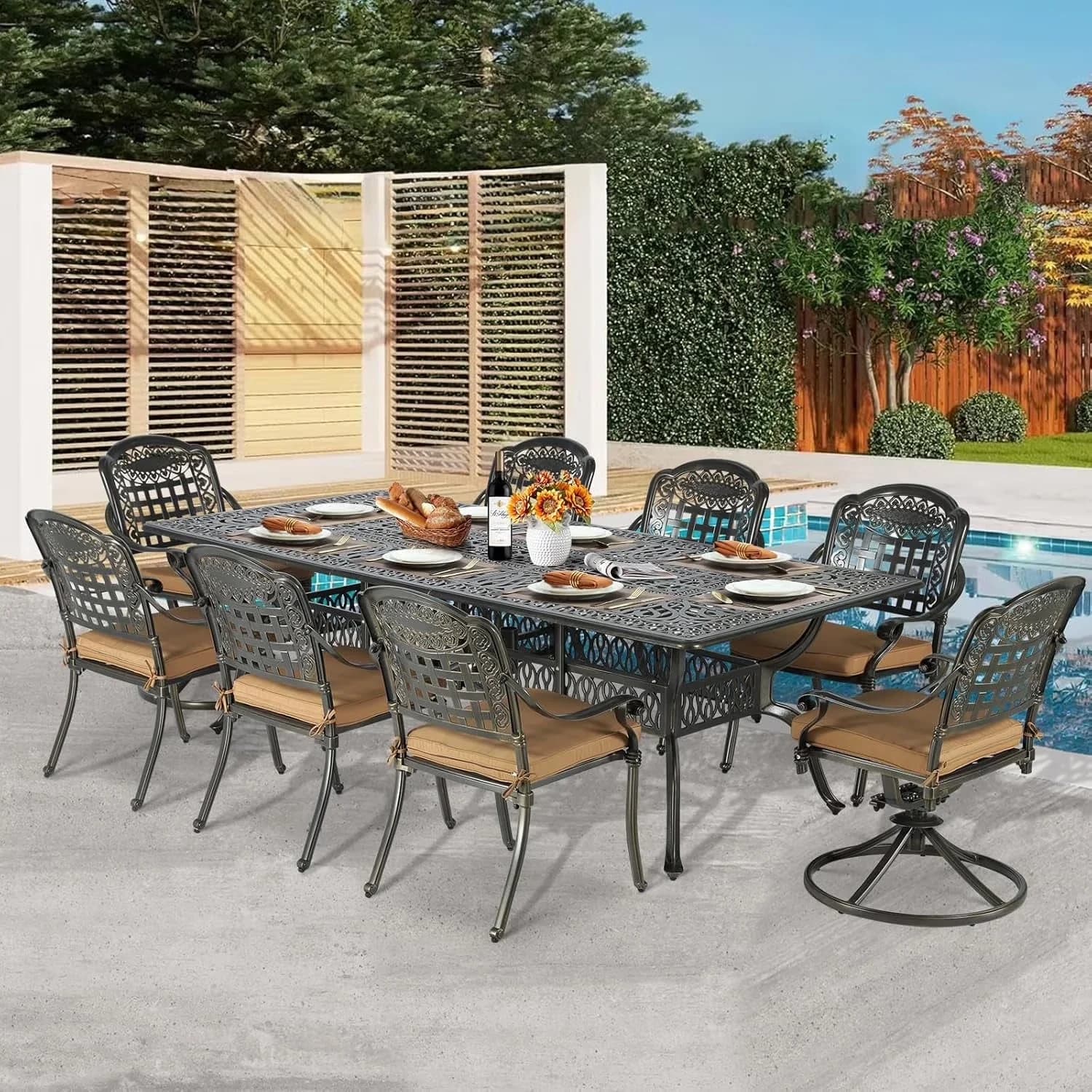 Efficient Patio Dining Set with Storage, 6 Stationary - Cast Aluminum Beige Model C02033