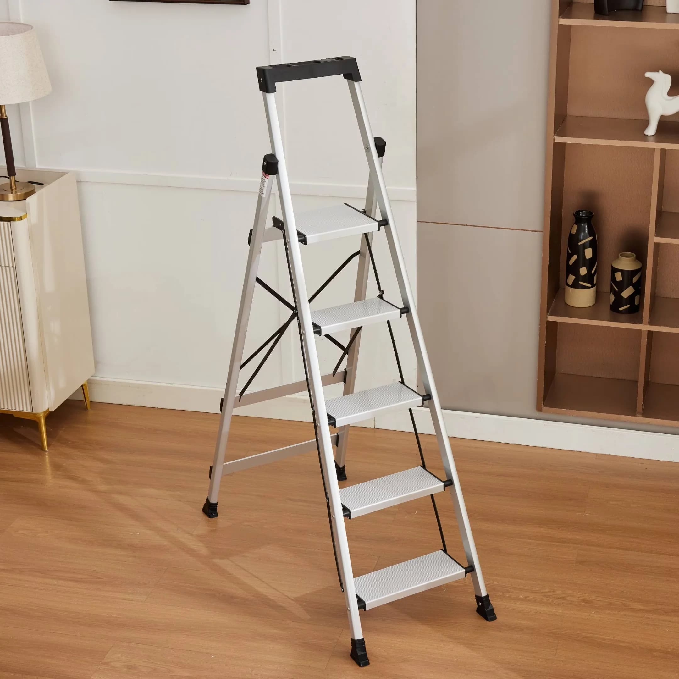 Ladders And Step Stool Innovative with Improves Strength, Aluminum Anti-Slip Folding, Tool Tray - Aluminum Silver Model DEC455