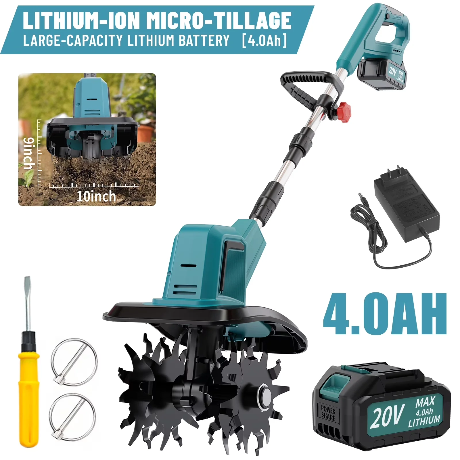 Trillers Cultivator Classic with 20V, Lightweight Labor-saving, 4.0Ah Battery & Fast Charger - Model C934D2