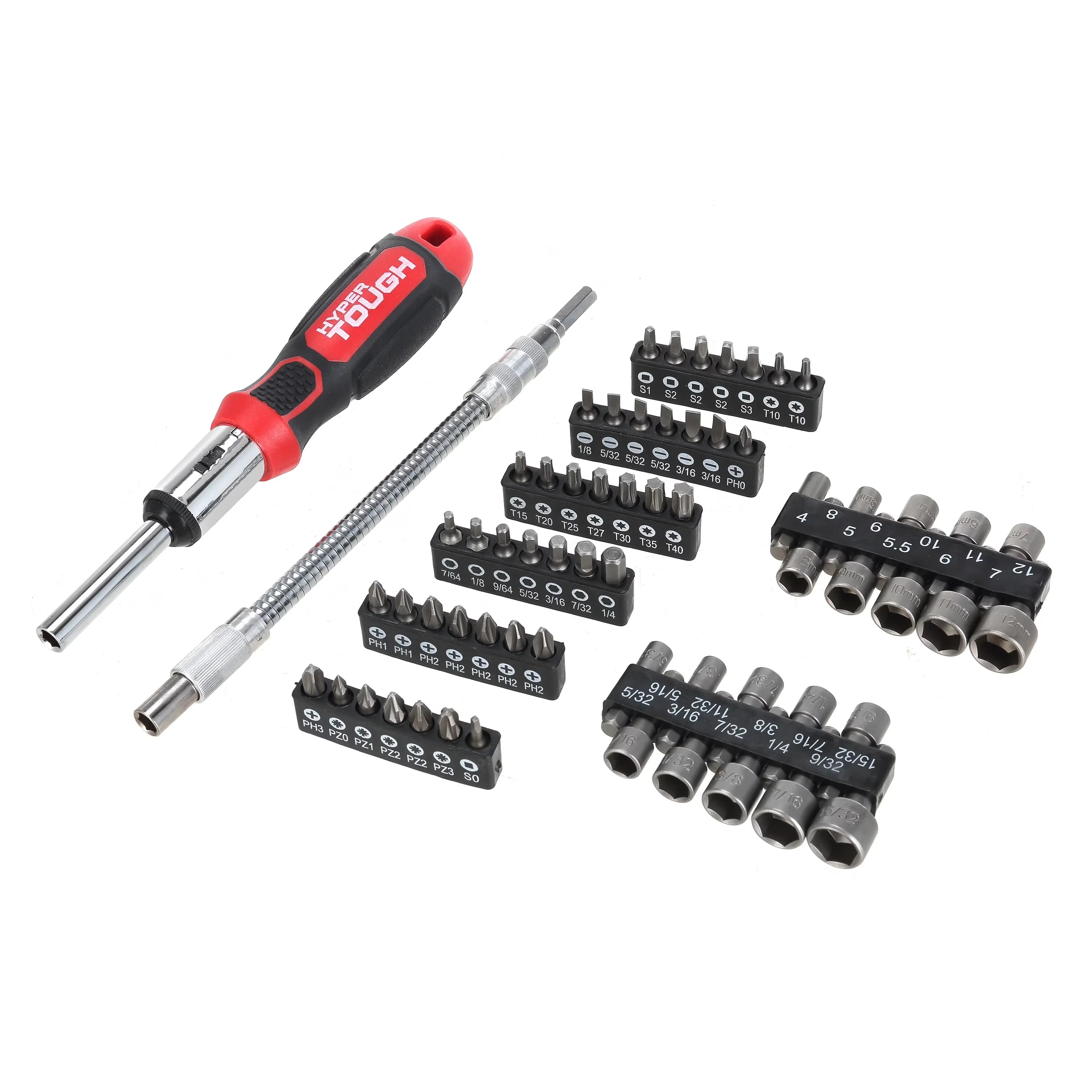 Hand Tool Set Compact with 64 Piece Multi-Type Screwdriver, 20 nut drivers, Forward and reverse ratchet handle - Steel Model 6A8B99