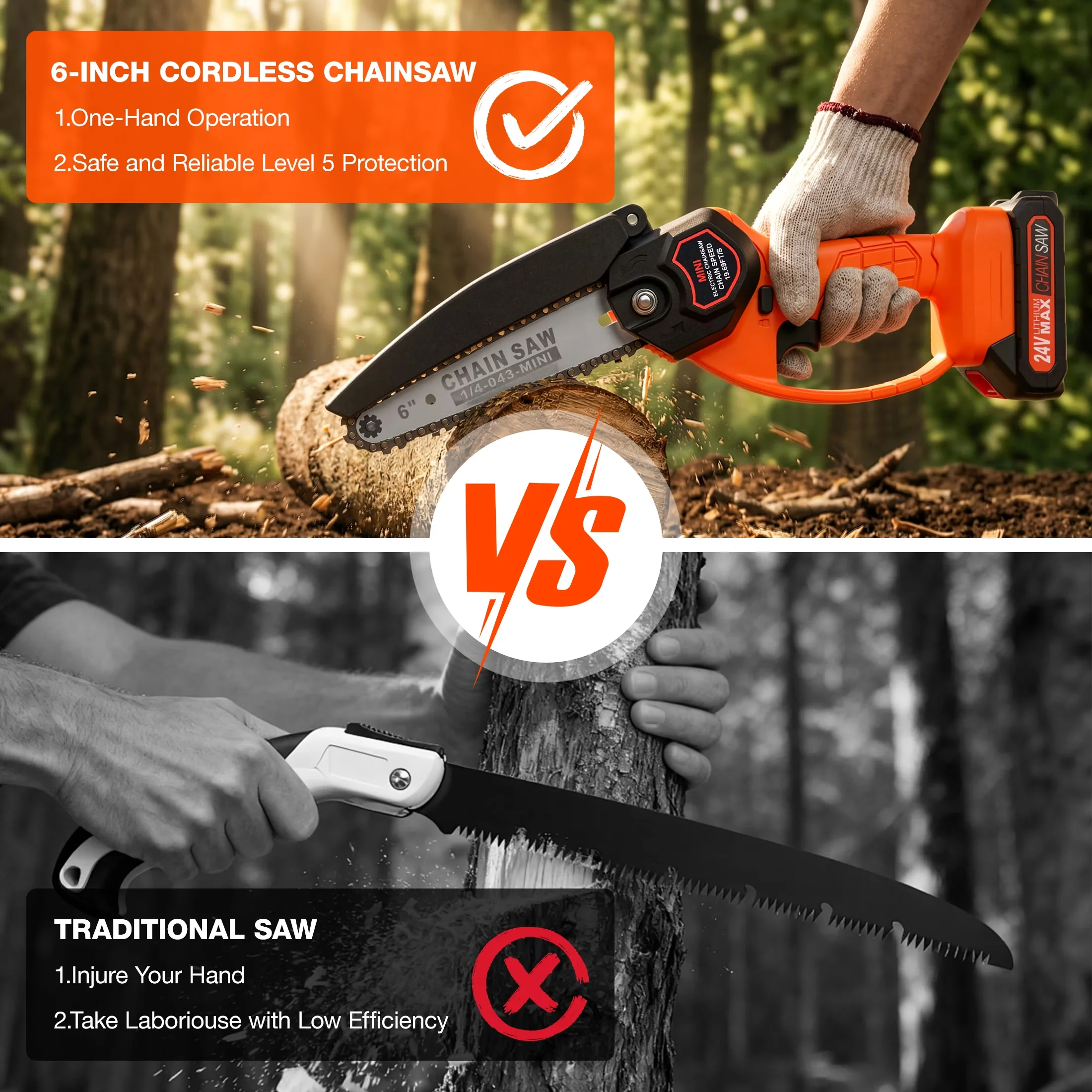 Chainsaw Reliable with Battery, 24V, Chain Catcher - Black for Daily Use Model B9967C
