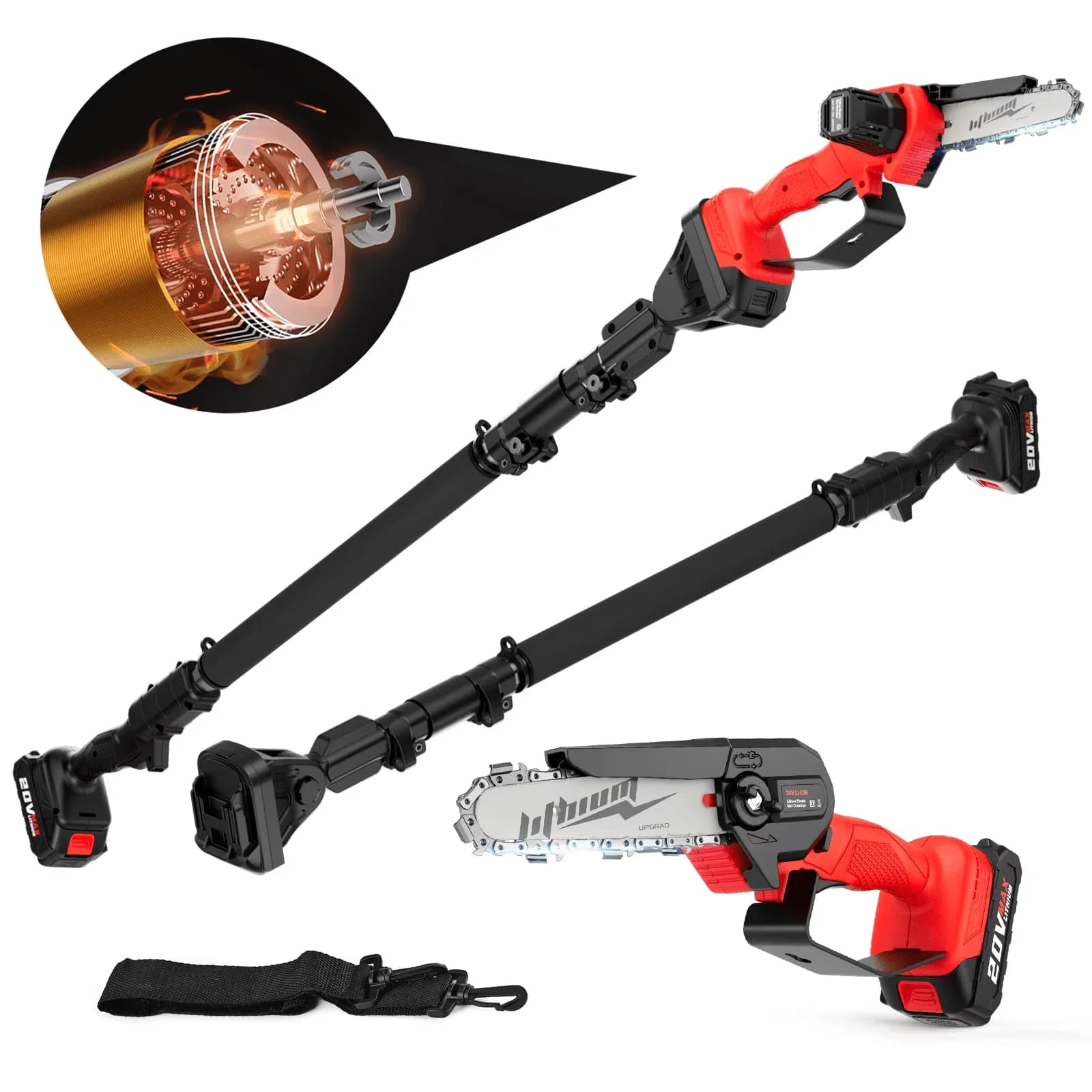 Professional Pole Saw with Battery, 20V, 2-in-1 Cordless - Red - Commercial Quality Model EB52C1