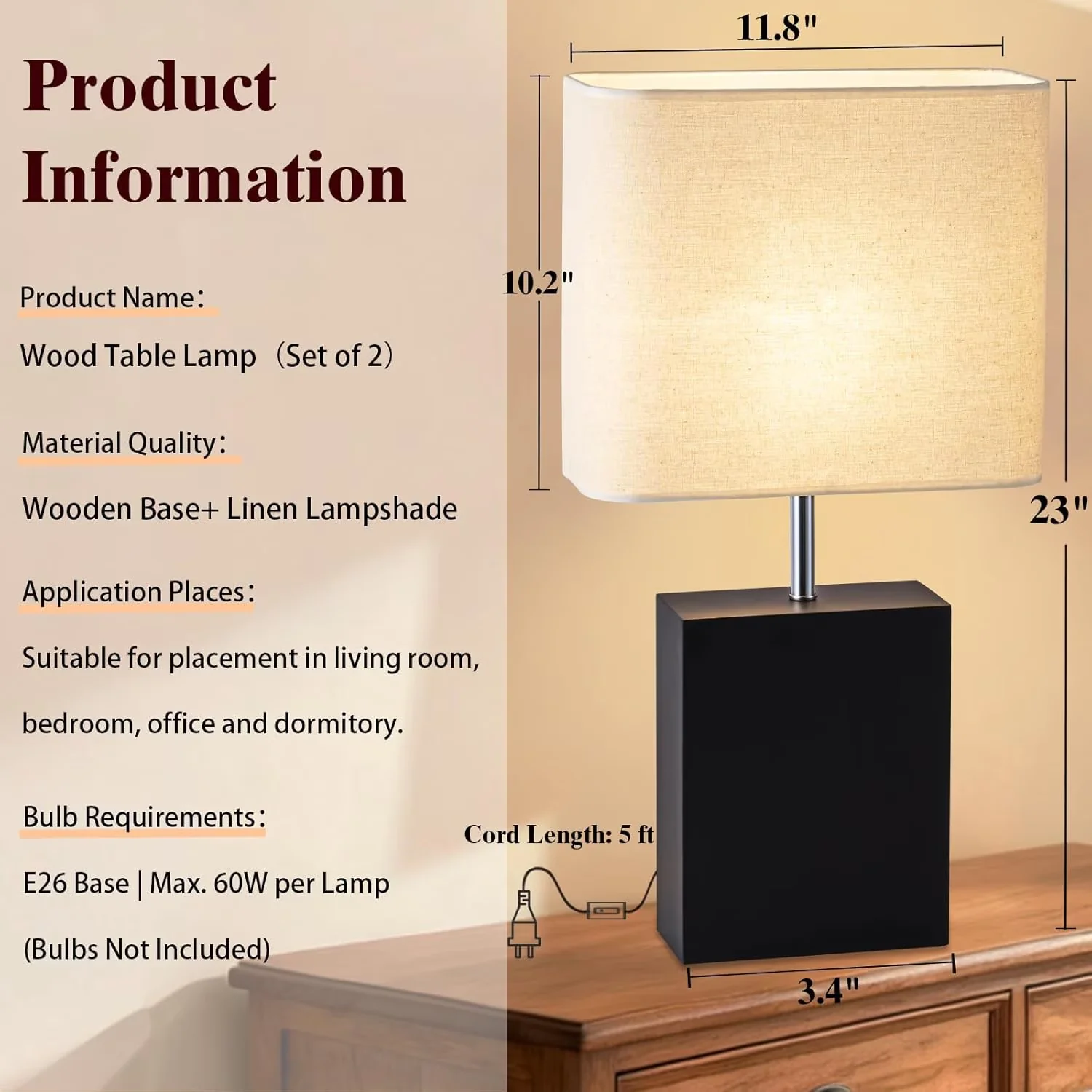 Sleek Lamp Set with High Output, 23" Wood Table of 2 - Beige for Living Room, Bedroom Model 414493