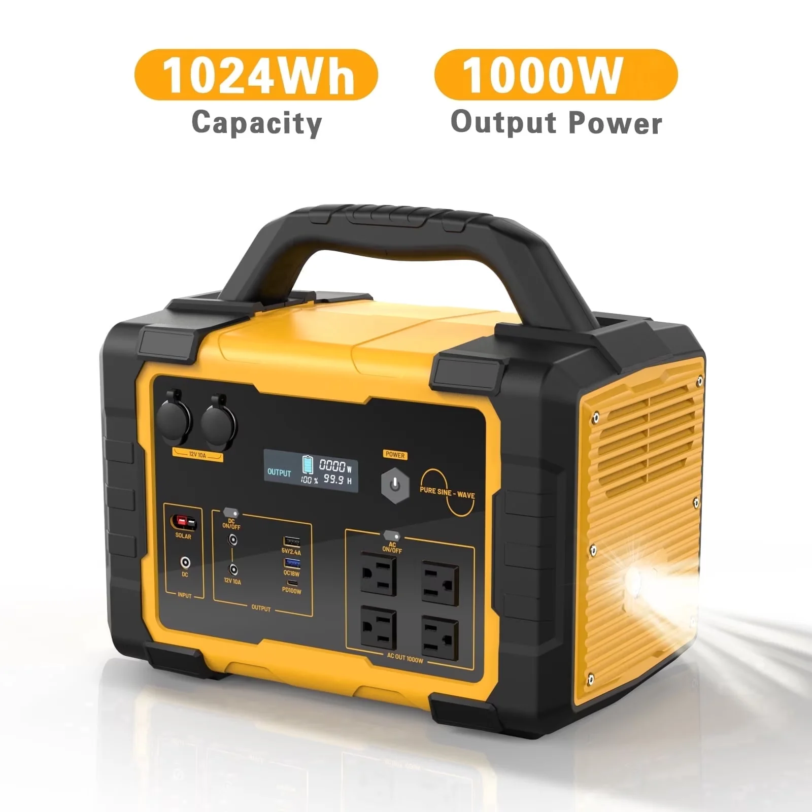 Innovative Generator with 1000W, Short Circuit Protection, Digital Display - Yellow for Camping, Rv Model 00701D