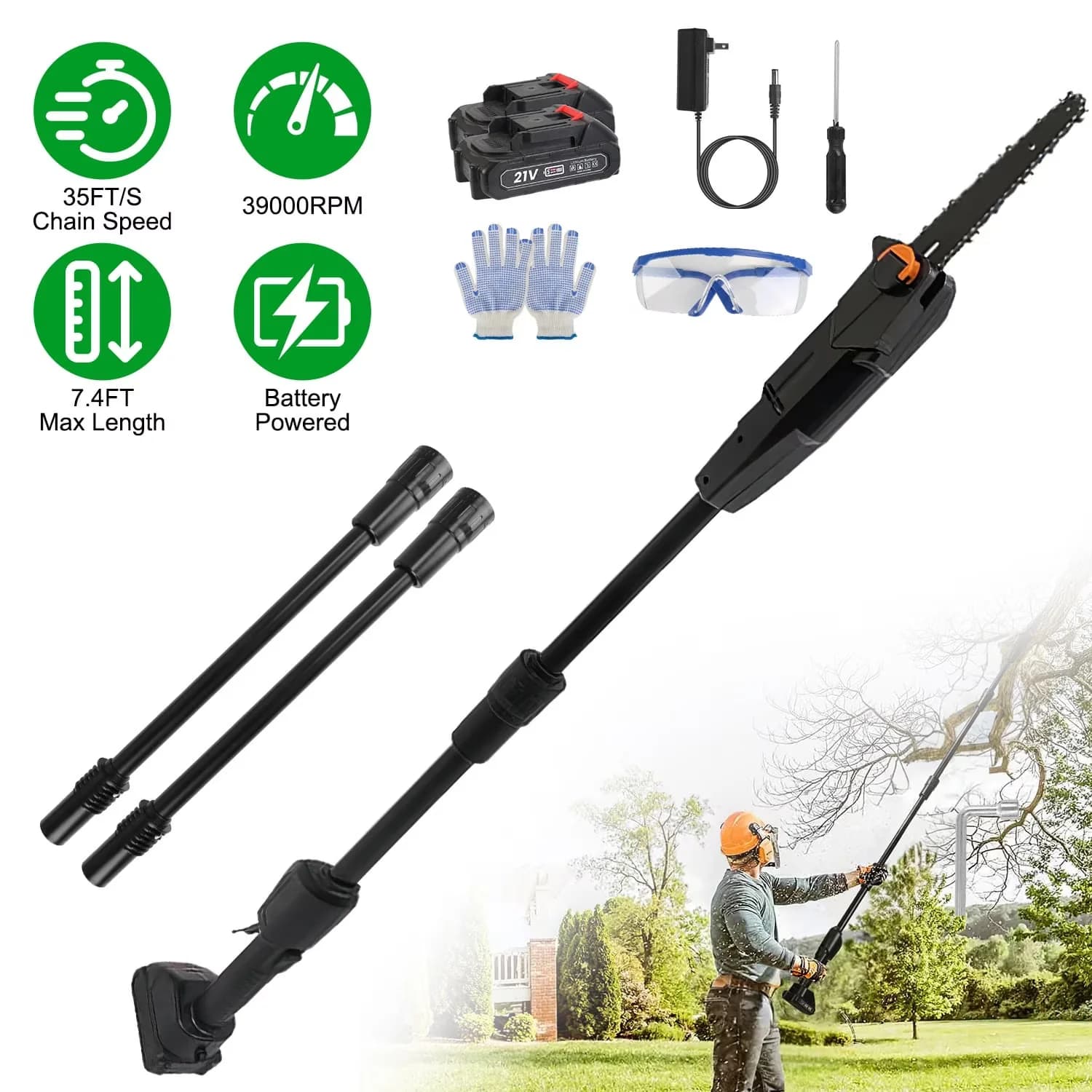 Pole Saw Professional with Battery, Telescoping, Chain Brake - Black 6 Inch Model 54496E