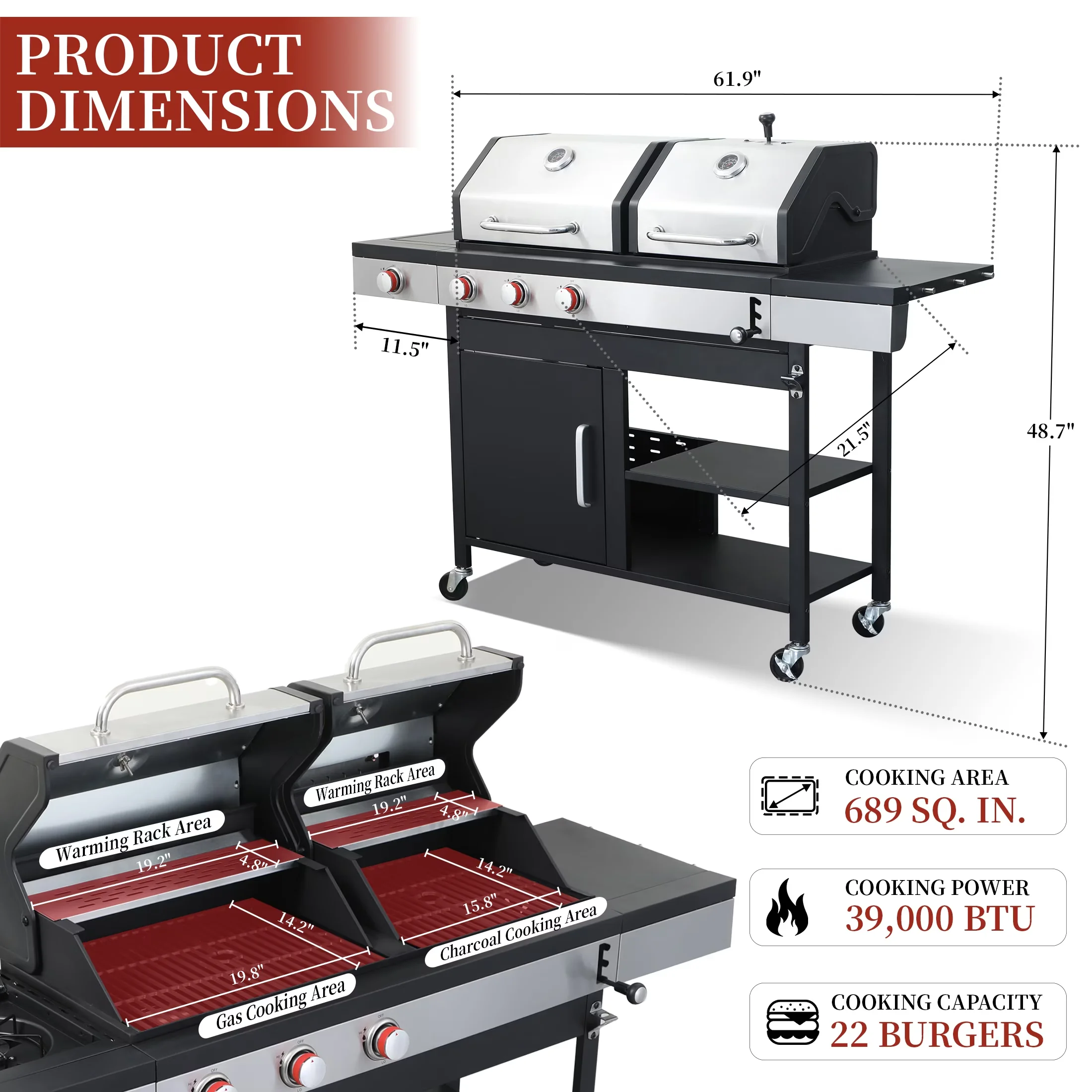 Professional Combo Grill with 41500 BTU, Grease Pan - Powder-Coated Steel, Stainless Steel, Porcelain-Enameled Cast Iron Silver for... Model ECA203