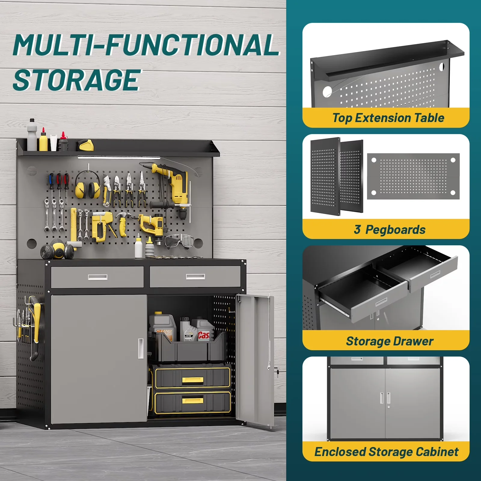 Stylish Toolstorage with LED, Lockable, Pegboard Organiser - Steel for Garage Model 622DAC