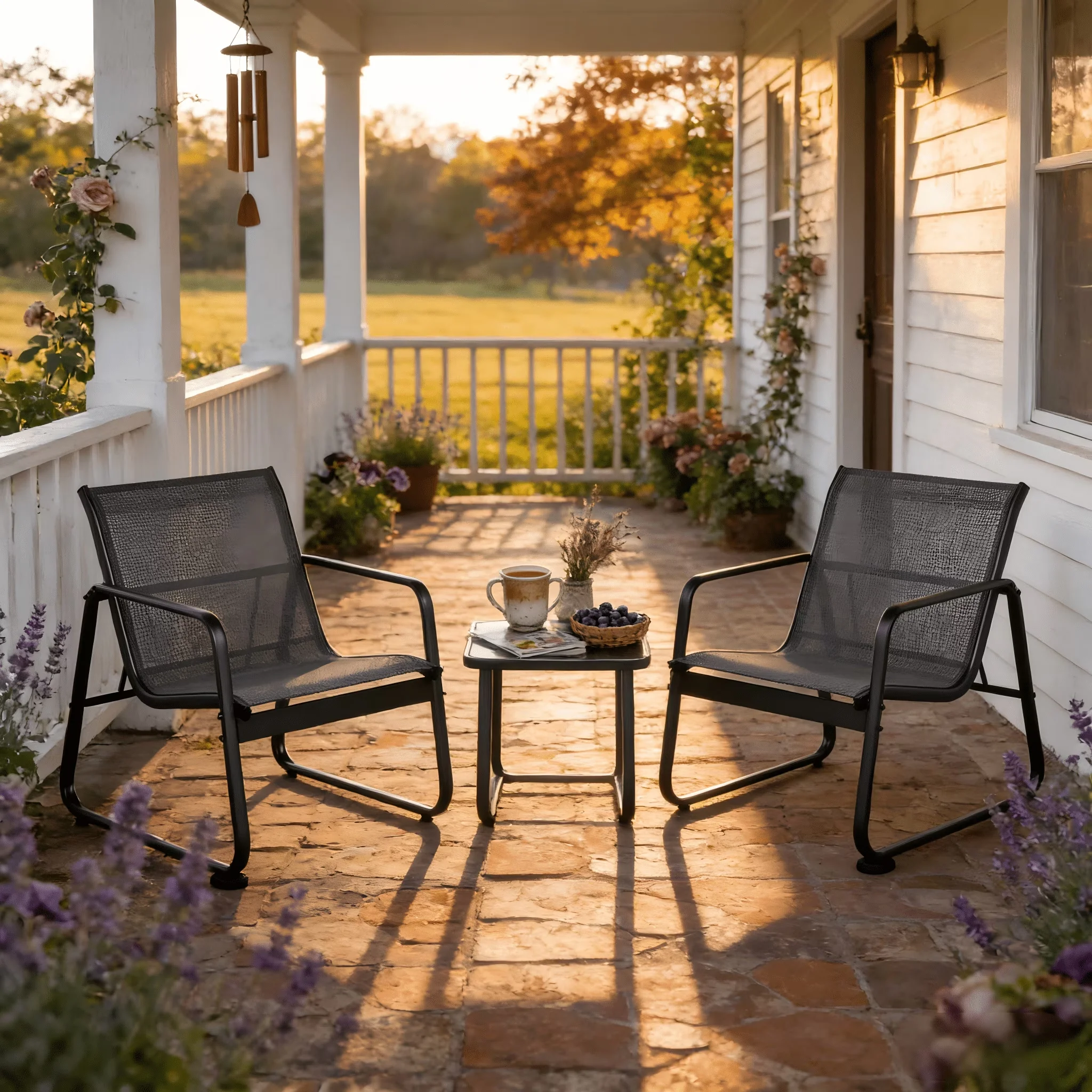 Premium Patio Dining Set with Uv Resistant, Waterproof - Black Textilene ,Wood, Metal for Patio, Garden Model DE5DE0