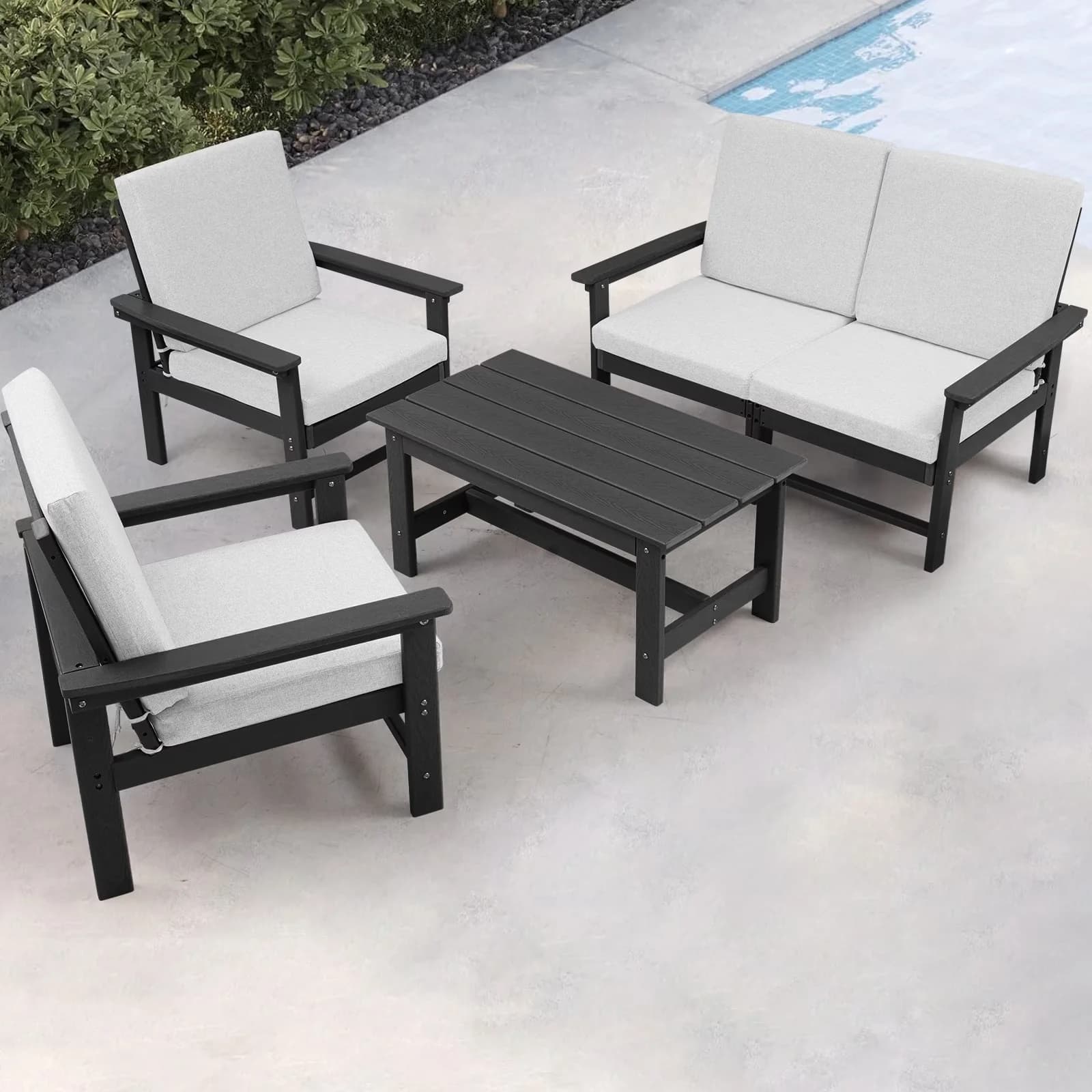 Compact Patio Conversation Set with Weatherproof, Sectional Sofa, 6-Piece HDPE Furniture - Black Model 4575E5