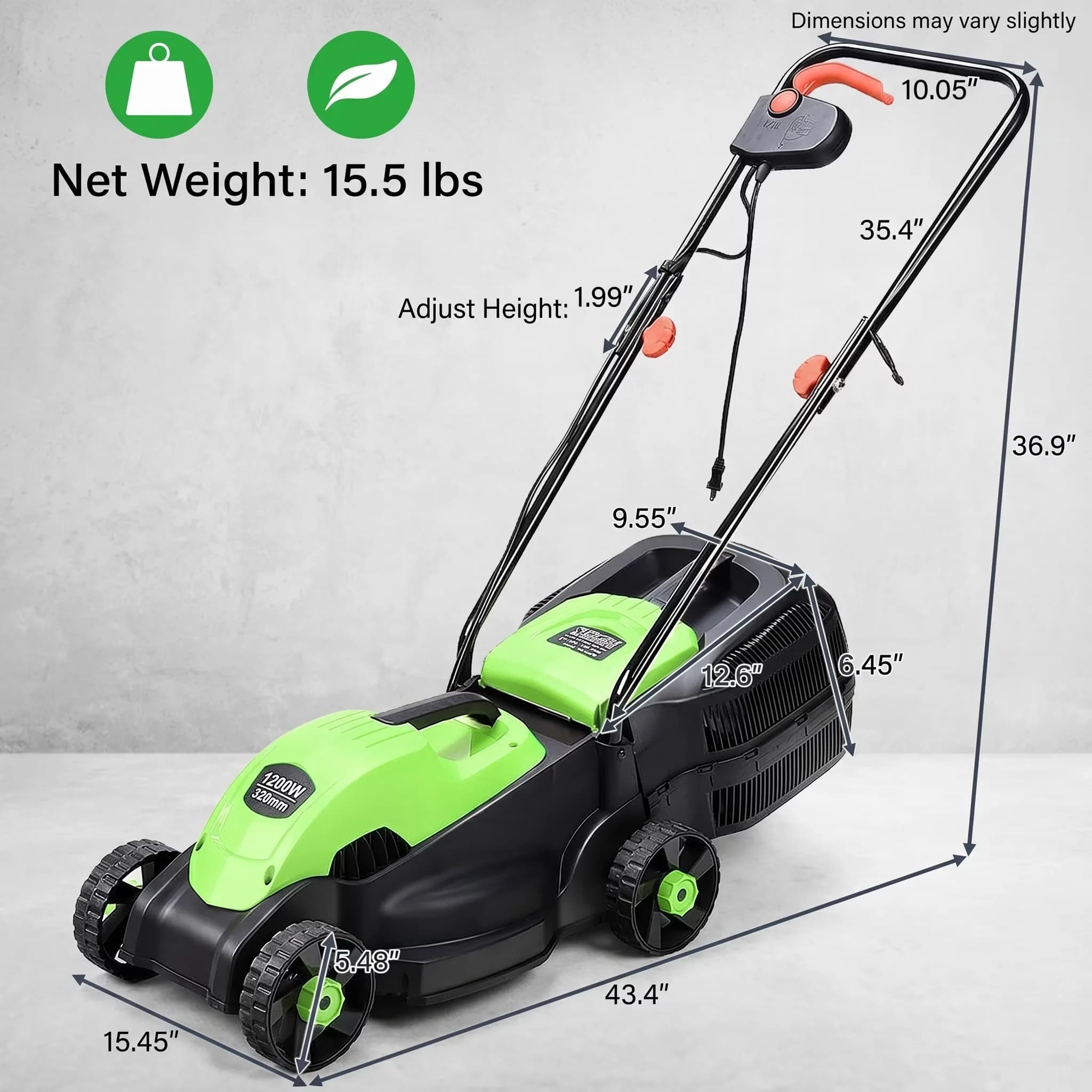 Professional Push Mower with Adjustable Cutting Height, Green, 14 Inch 12 Amp Electric Corded Lawn - Green Model 89E87A