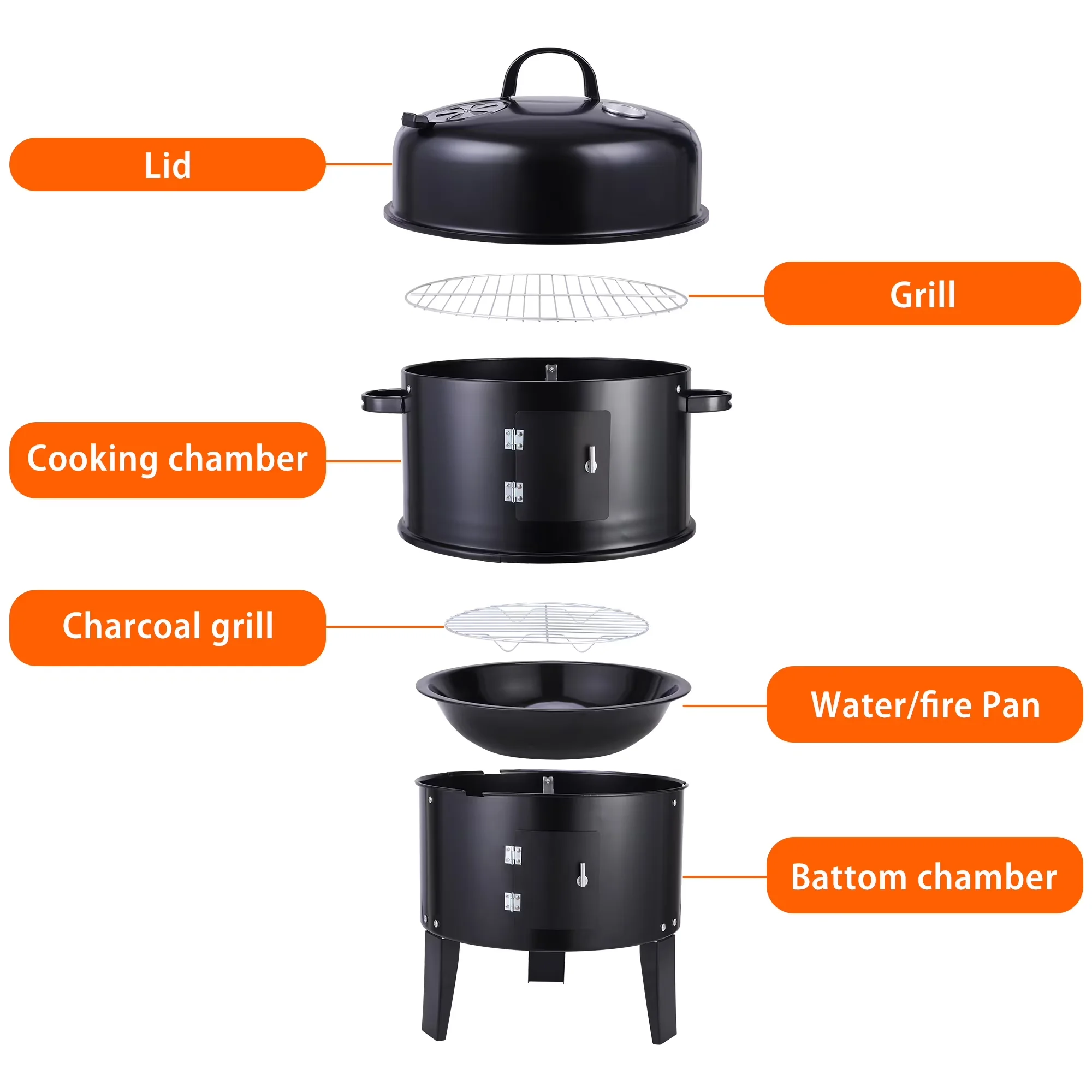 Premium Smoker with Adjustable Air Vents, Thermometer - Black Cold-Rolled Steel Plate/Enamel Model 7DB0C0