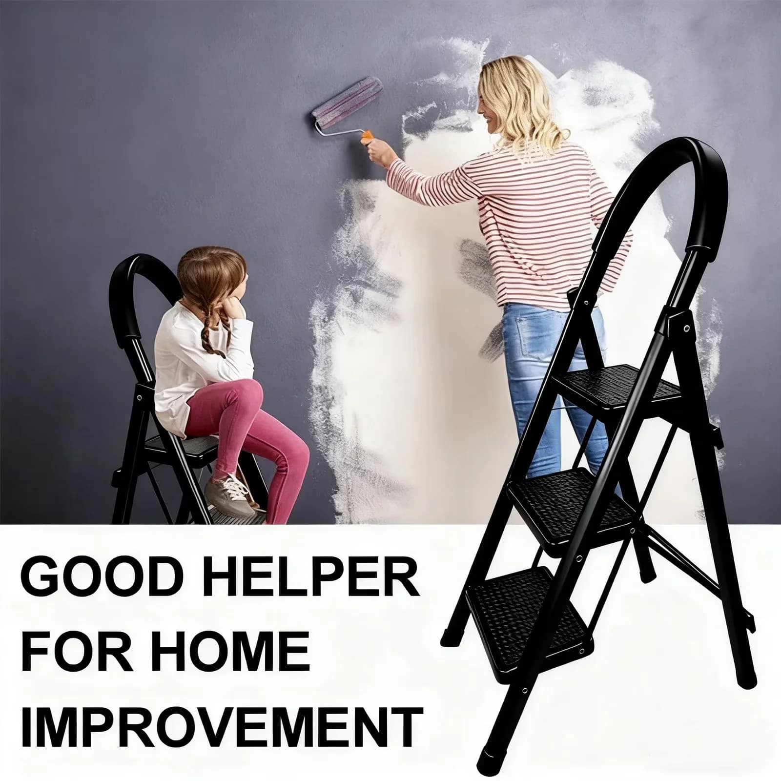 Ladders And Step Stool Stylish with Stackable, Foldable, 3 Ladder Folding - Black Carbon Alloy Steel for Home, Kitchen Model E150E6