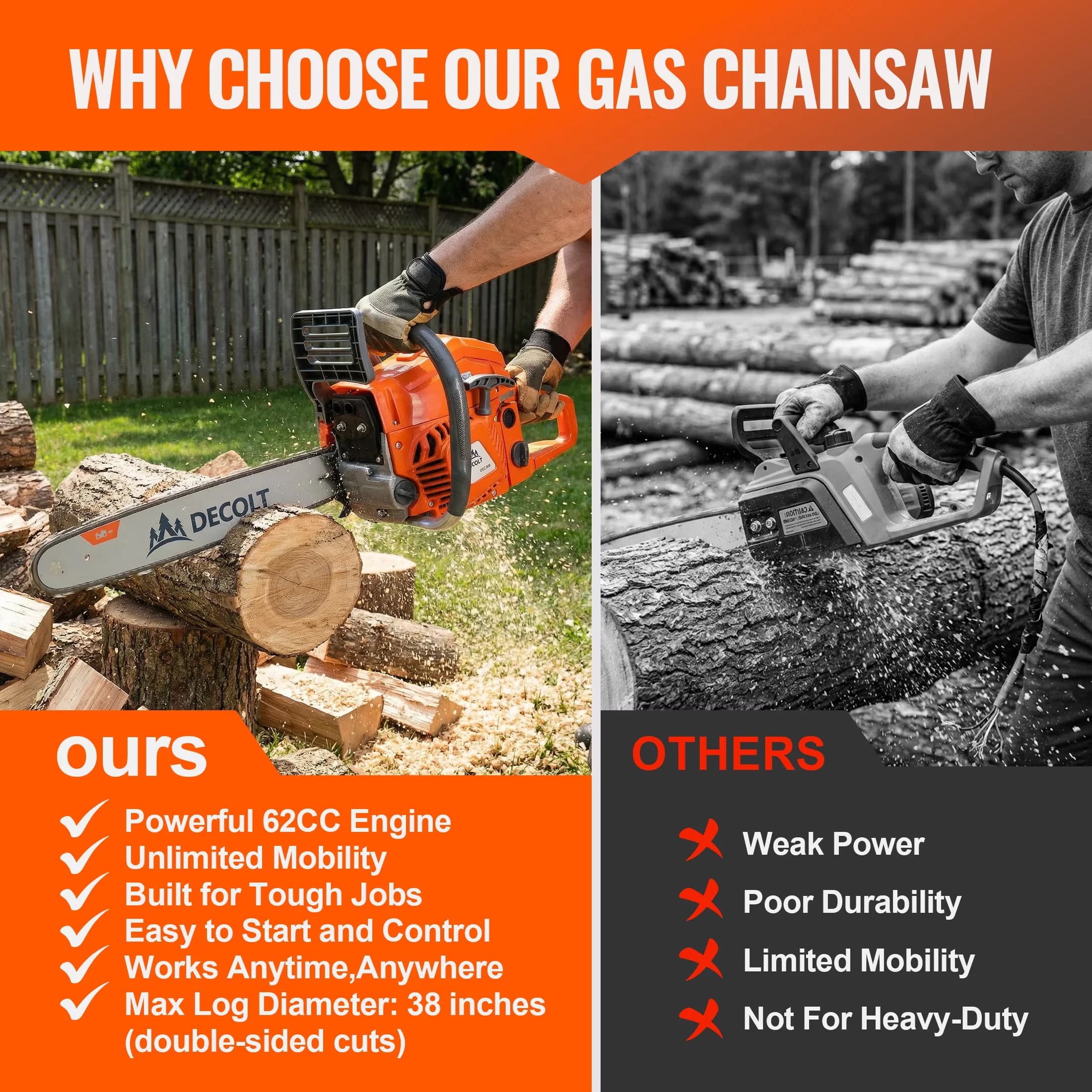 Essential Chainsaw with Automatic Chain Oiler, 62CC Gas 20” Powerful 2-Stroke Gasoline - Orange Model F93EAC