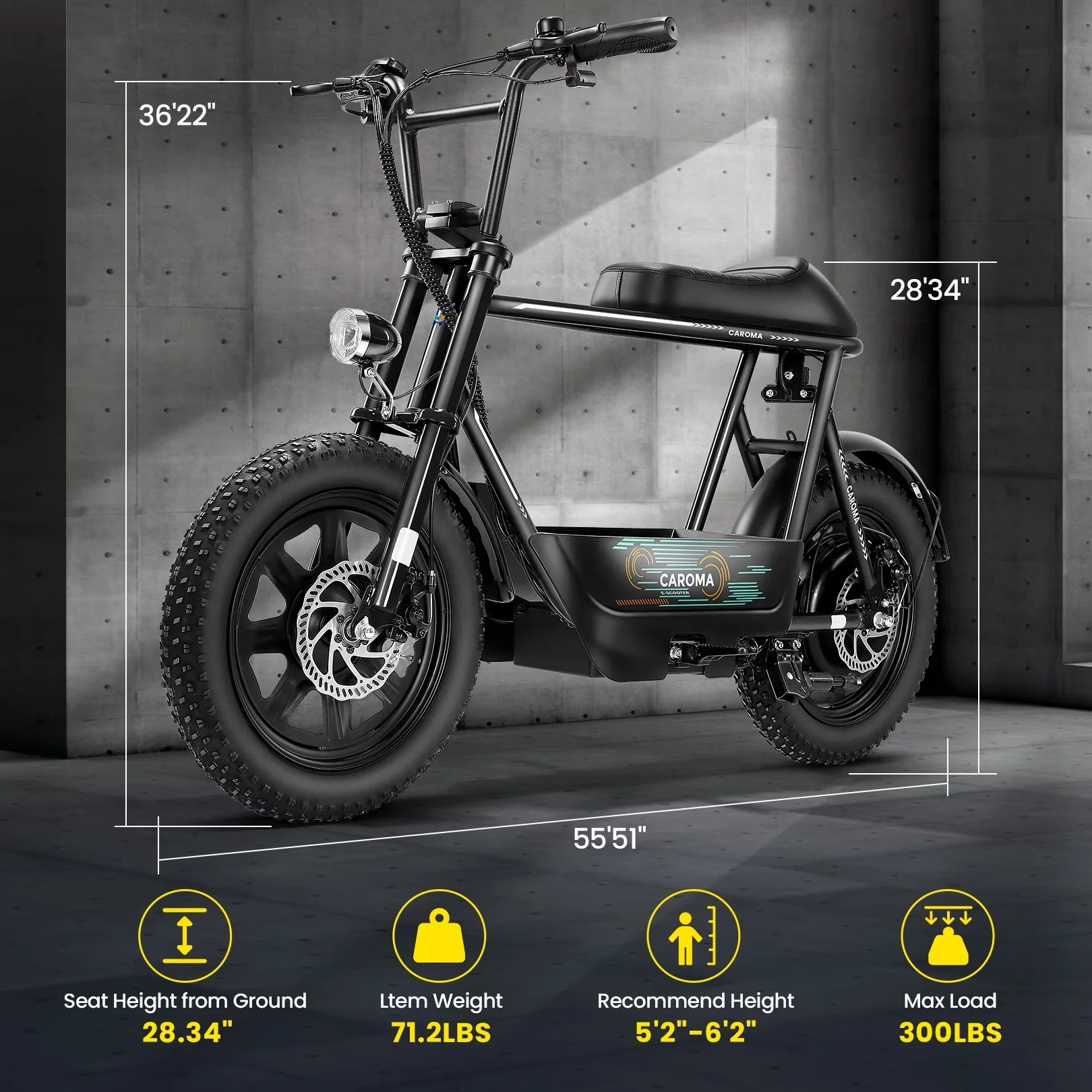 Scooter Quality with 819W, Headlights, 16" Fat Tire - Aluminum Black - Heavy Duty Model EF7DBA