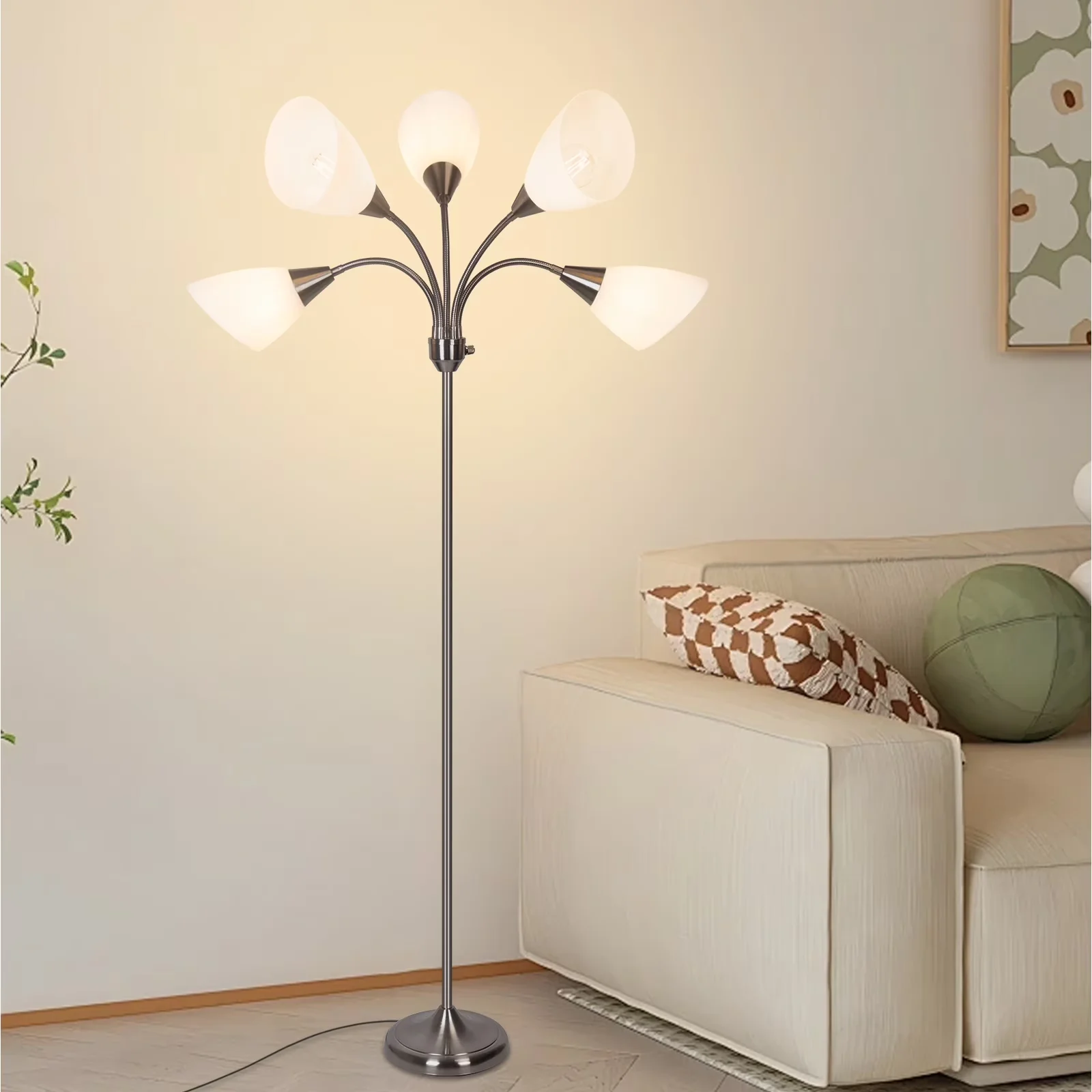 Premium Floor Lamp with LED, Adjustable Head, Torchiere Lamps - Silver Metal for Bedroom Model 7CD7CF