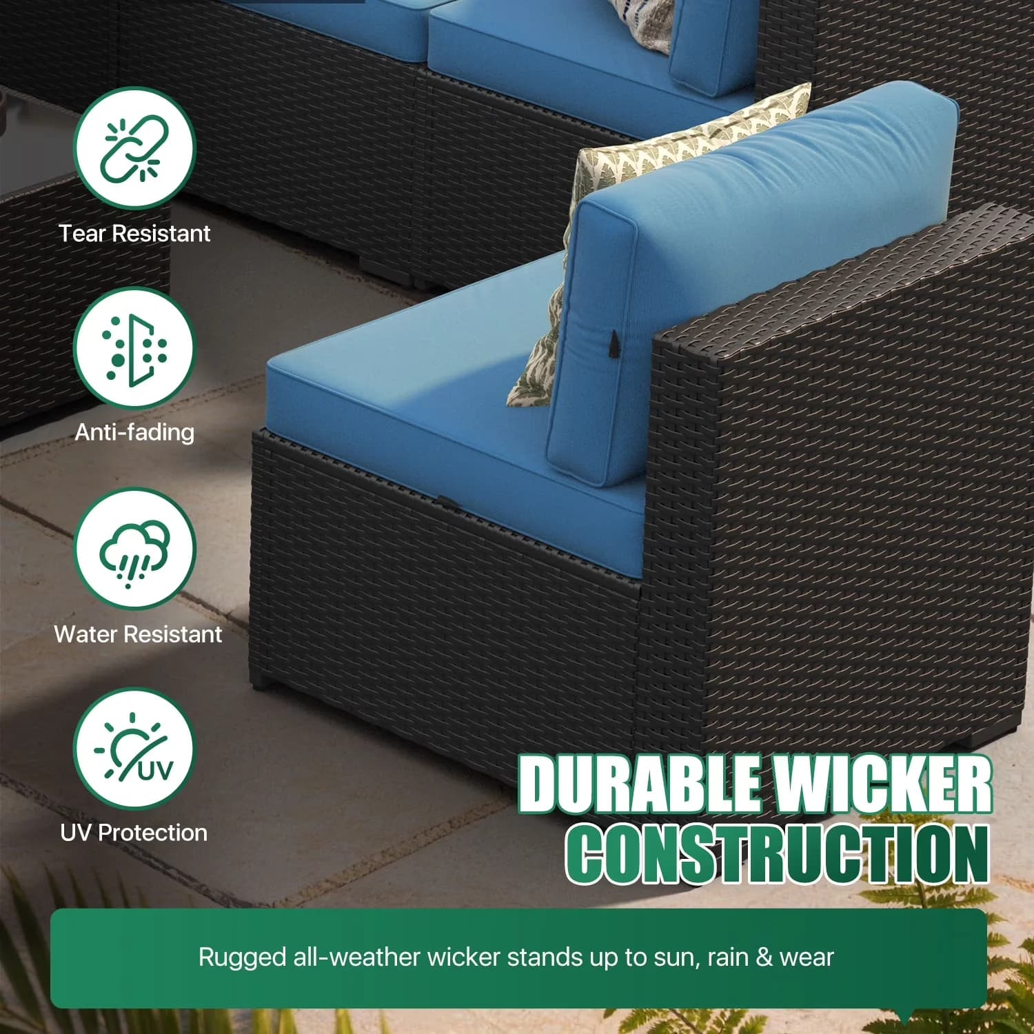 Versatile Outdoor Sofas Sectional with Modern, Rust Resistant - Glass + Polyester + Sponge + Metal + Rattan Blue Model C1D26C