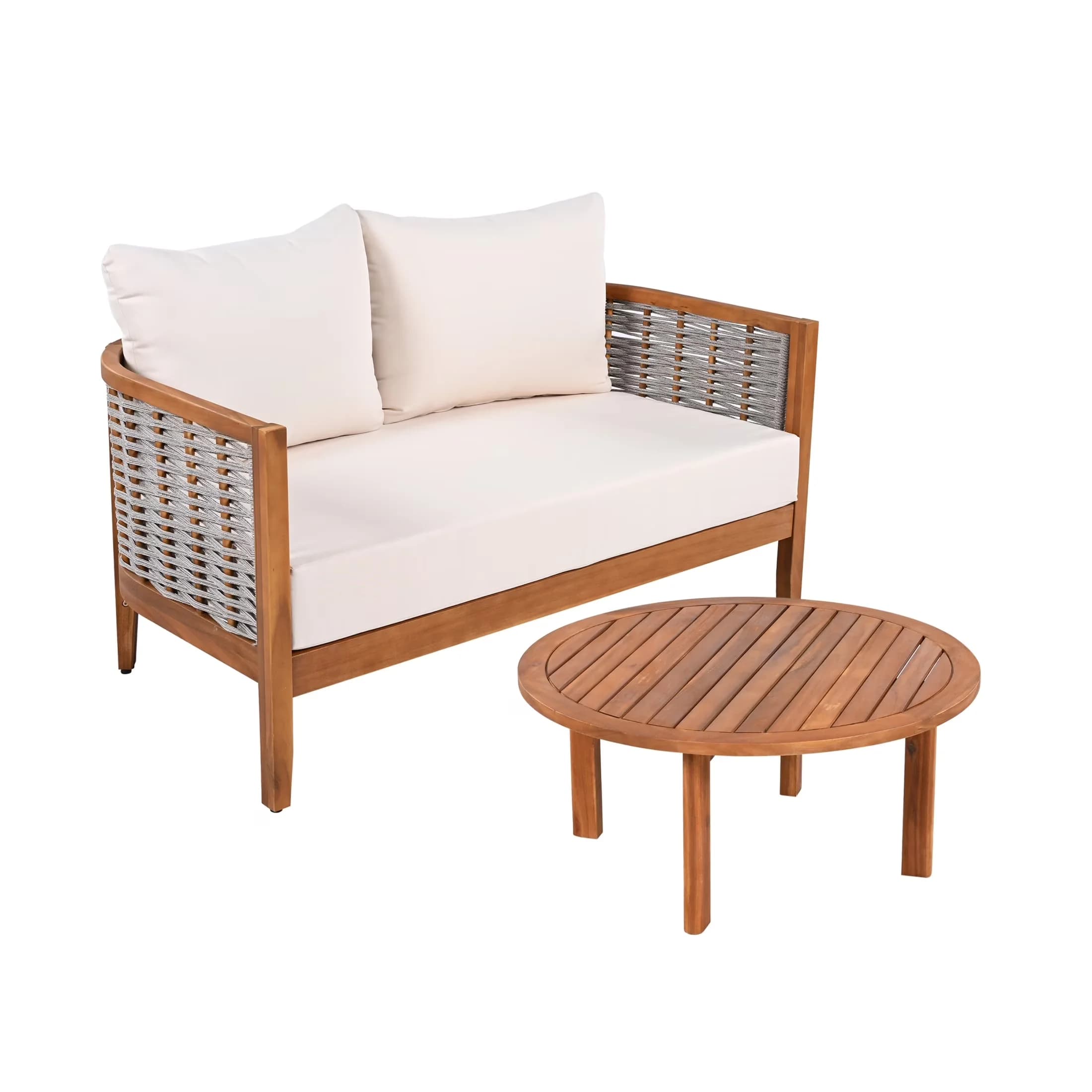 Efficient Patio Conversation Set with Coastal, Modern, Water-Resistant - Brown Acacia Wood + Rope + Water Resistant Fabric Model C88CD8