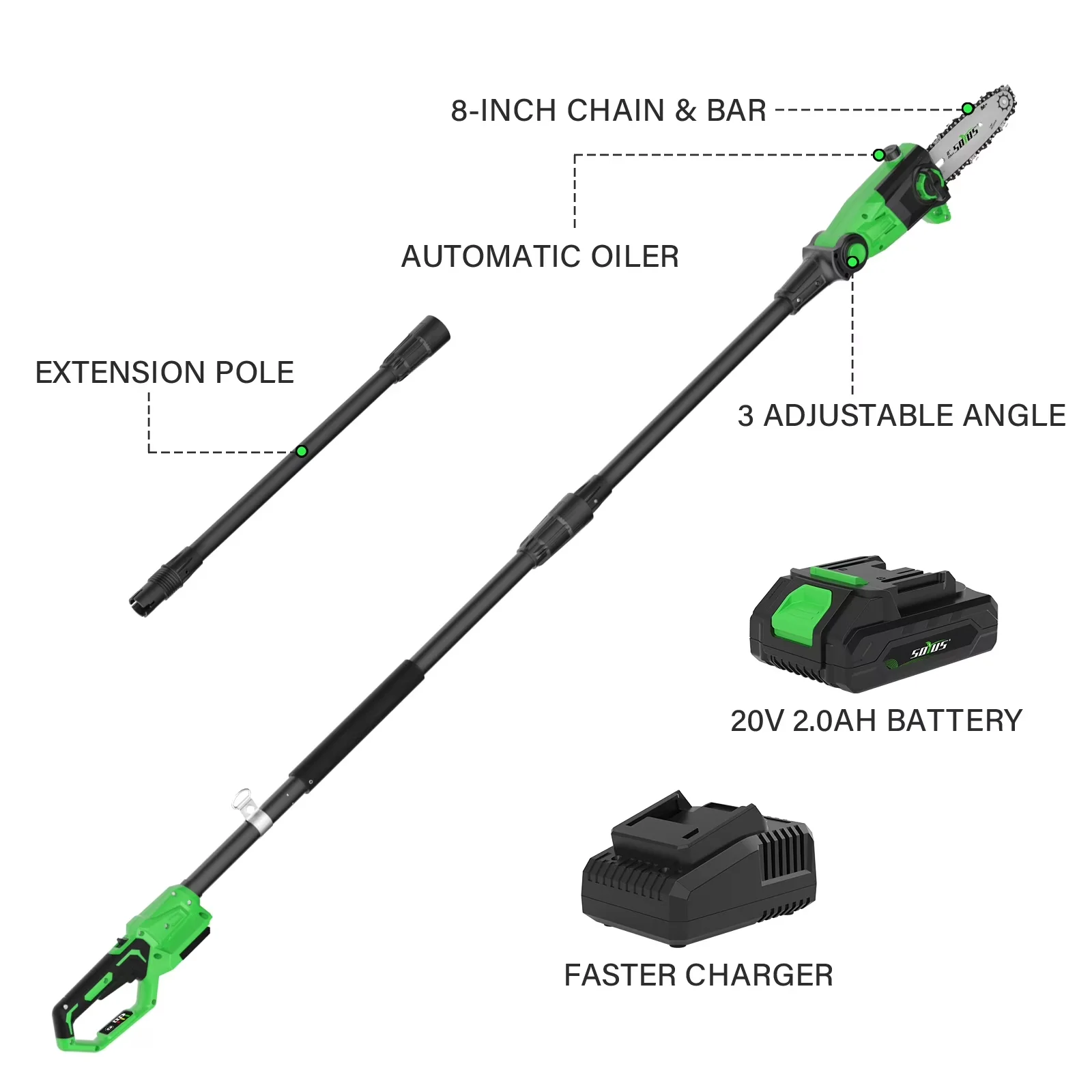Sleek Pole Saw with Battery, Automatic Chain Oiler, 8-Inch Cordless - 15 Model DE6A4E