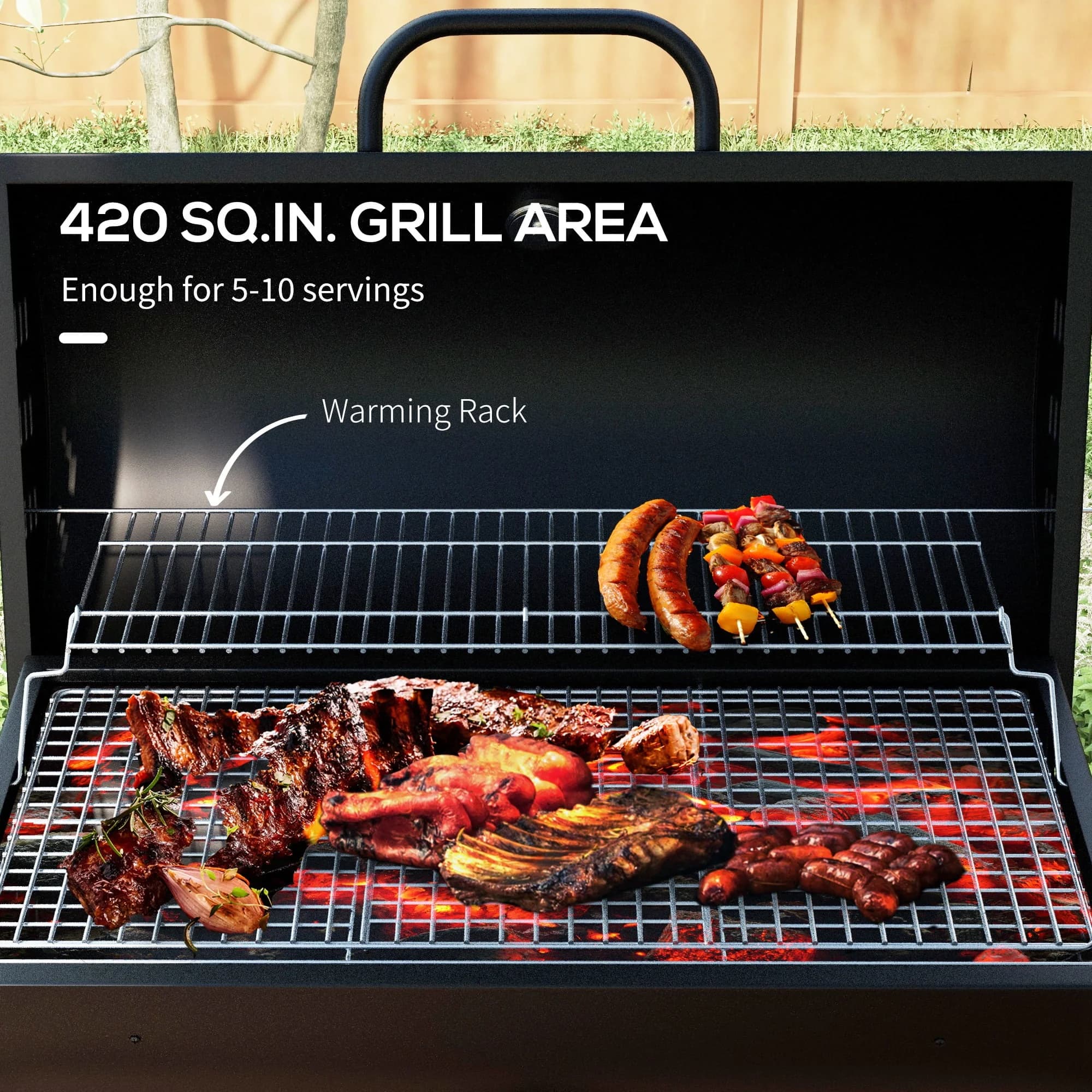 Reliable Charcoal Grill with Thermometer, Warming Rack, Barrel BBQ - Black Steel Model 95EB2B