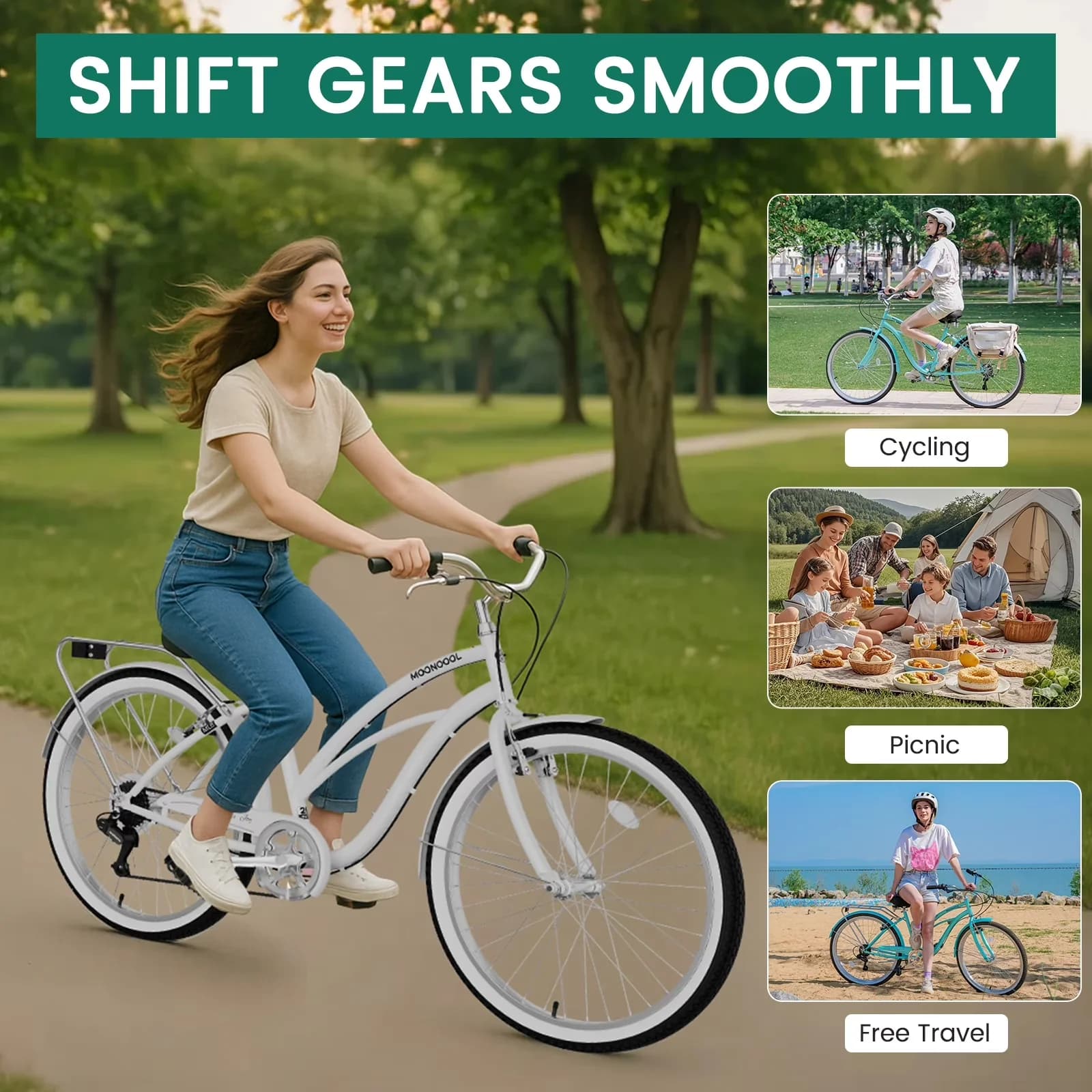 Cruiser Bike Compact with Lightweight, Front & Rear Fenders, 24/26 Inch Beach - White Model 13D0F0