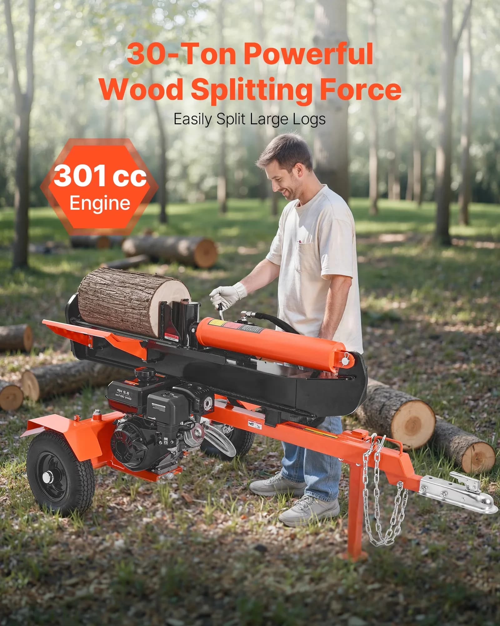 Logsplitter Versatile with Wheeled, 2" Ball Coupler, 30 Tons Log Splitter - Black Model 57D1DC