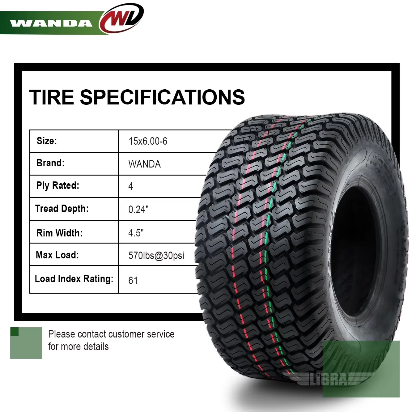 Lawn Mower Tire Durable with Heavy-Duty, Tire Size: 15x6.00-6, Overall Diameter: 14.96" - Model 0A315C