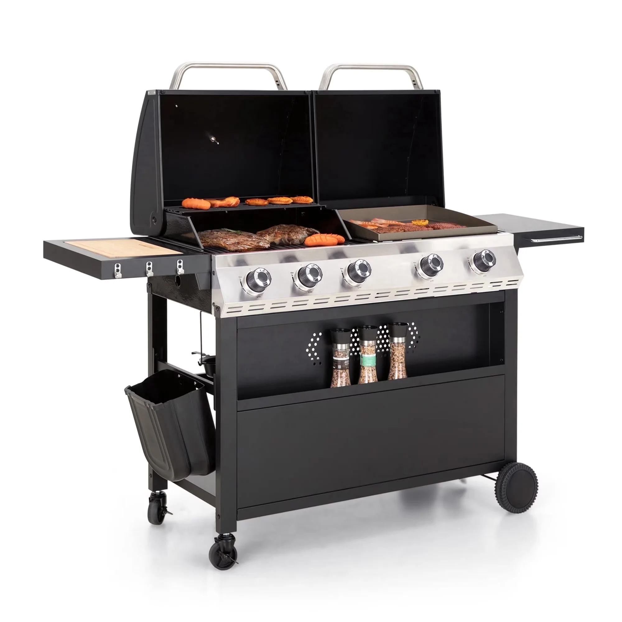 Modern Gas Grill with Heat Thermometer, Portable, Storage Rack - Stainless Steel,Cast Iron,Bamboo Model D8A484