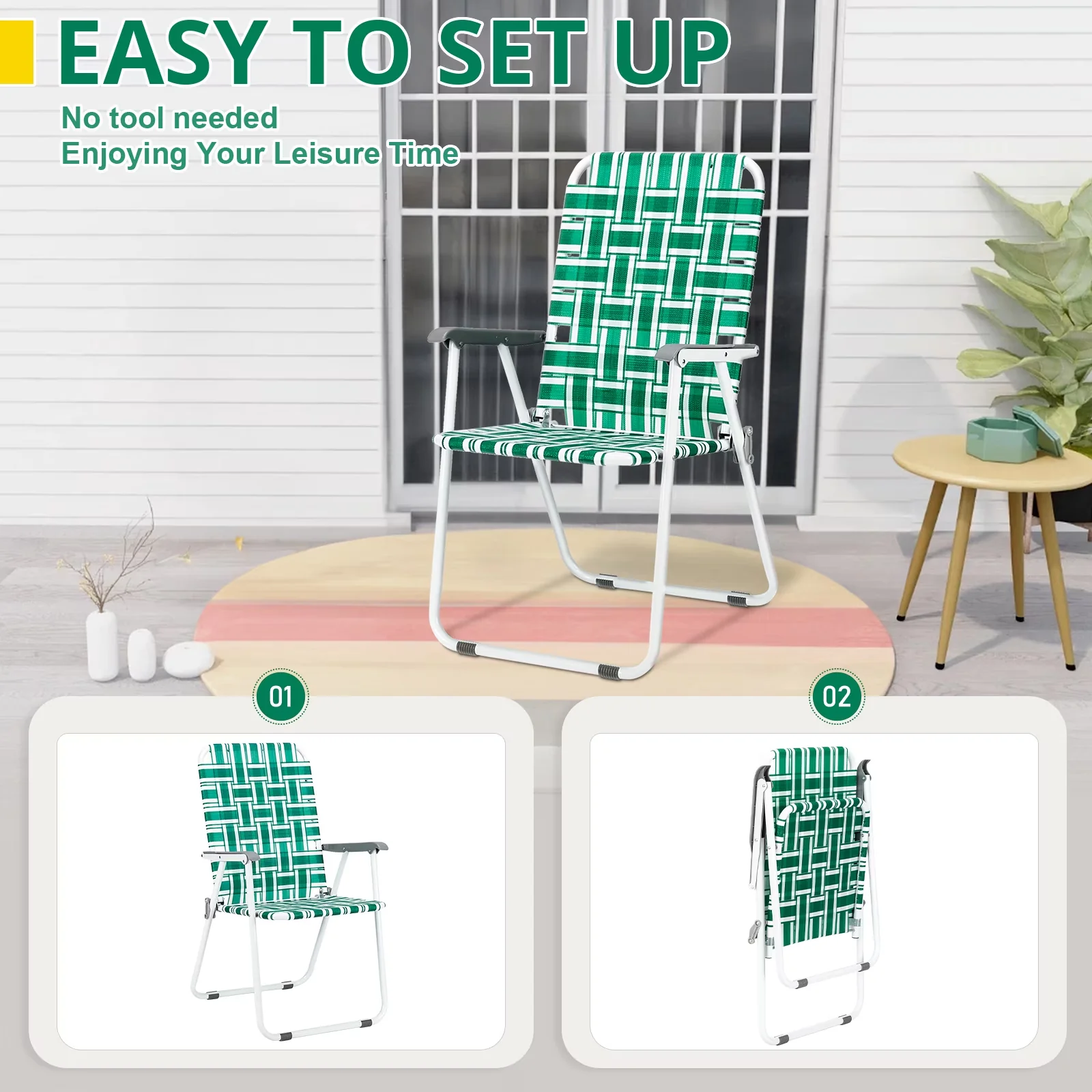 Patio Chair Essential with Folding, 2Pcs Folding Web Lawn Set, Outdoor Beach - Pp Braided Belt Steel Pipe Green Model D274CB