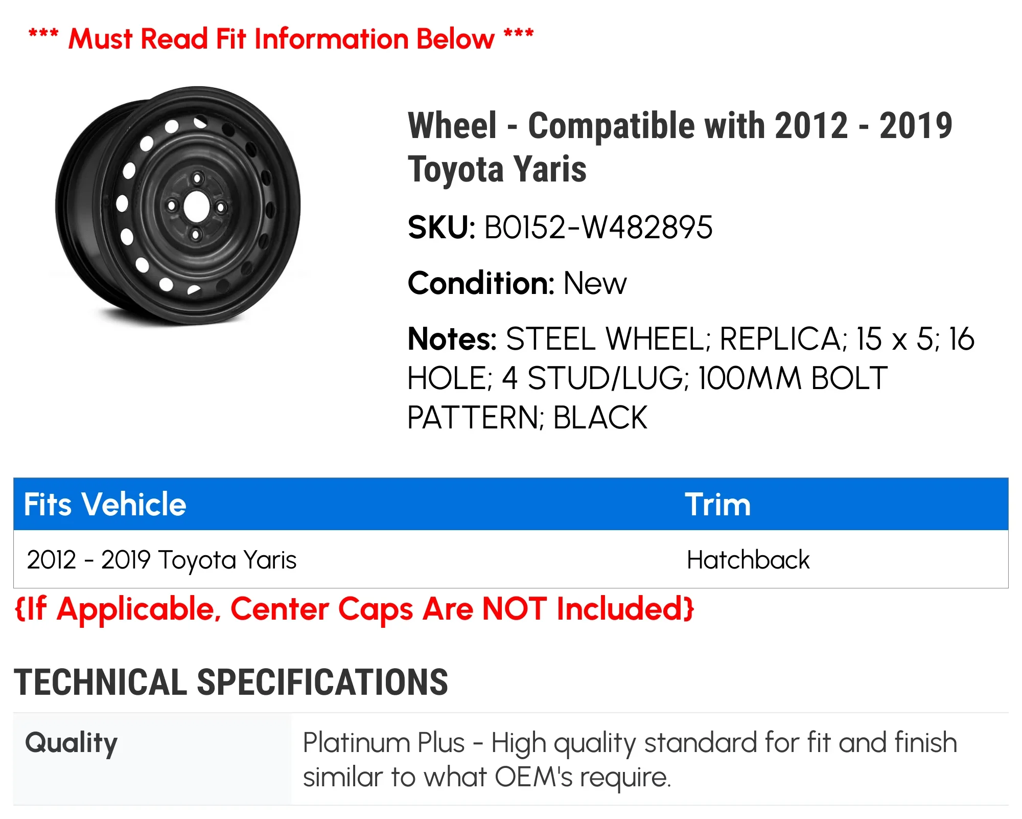Wheels And Rim Compact with Compatible, Wheel, 2012 2013 2014 2015 2016 2017 2018 2019 - Steel Black Model 652993