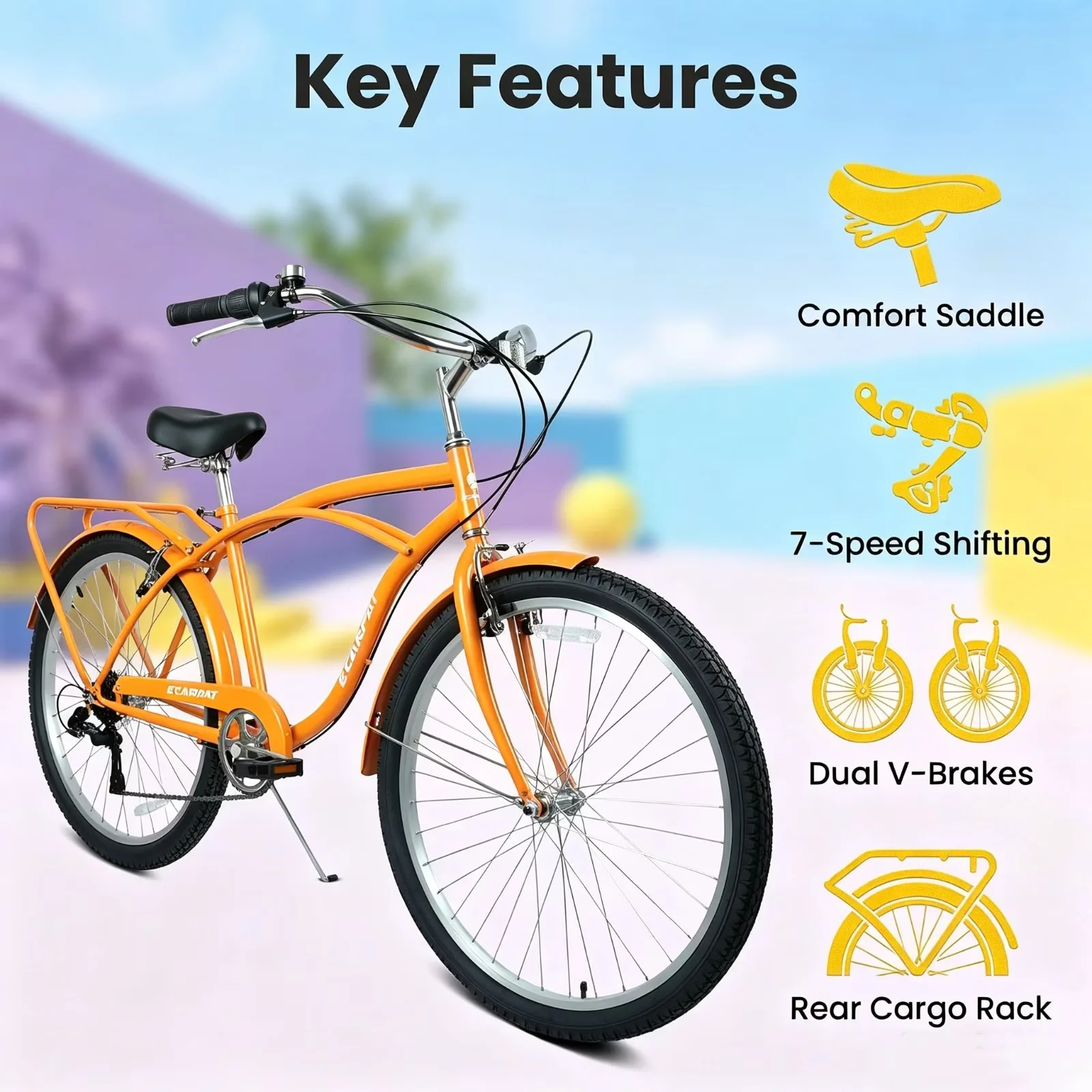 Cruiser Bike Reliable with Adjustable Height, 26 Inch 7-Speed Beach - Gold Model BE1B06