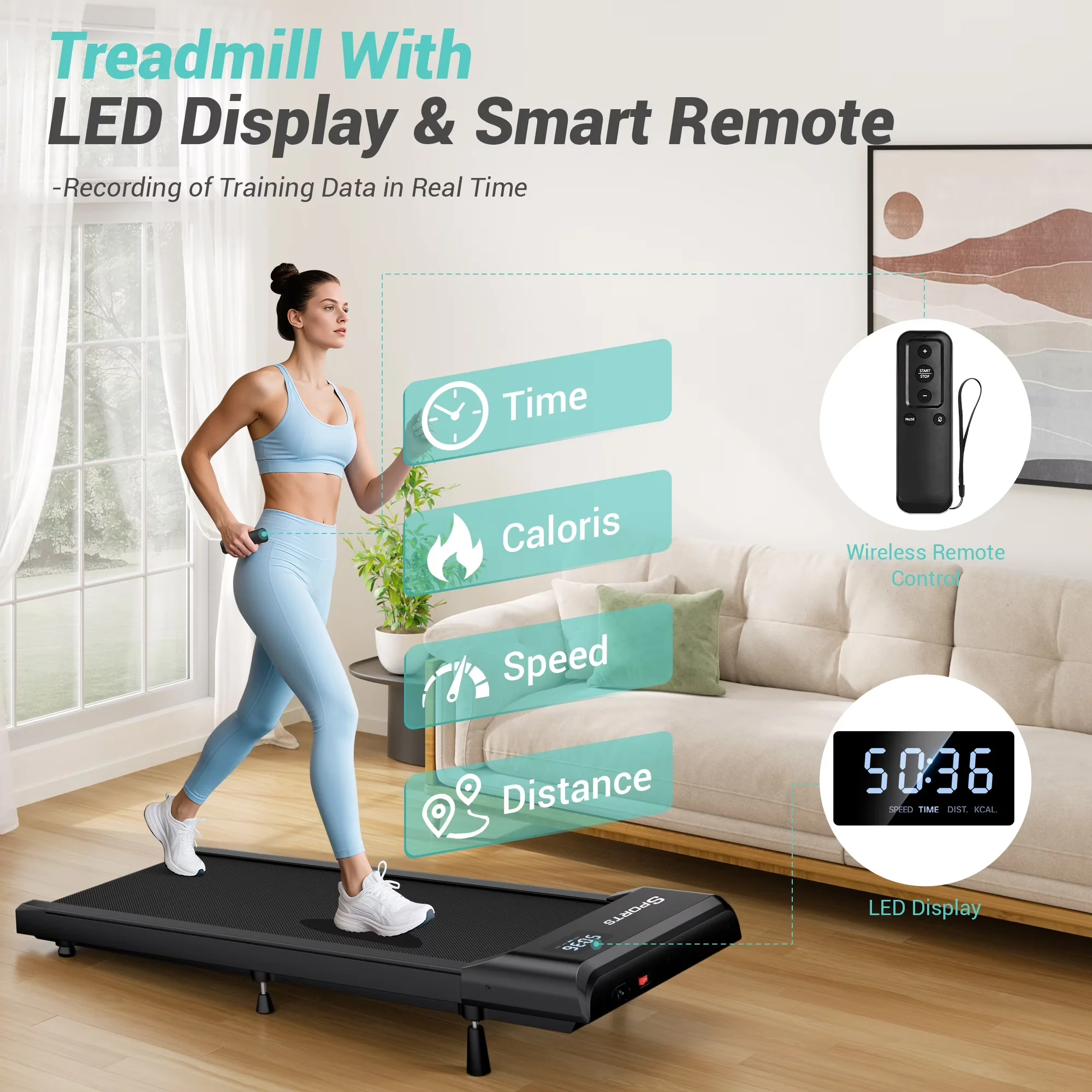 Reliable Home Gym with LED, Compact, Walking Pad - Black for Home Office Model ABC027