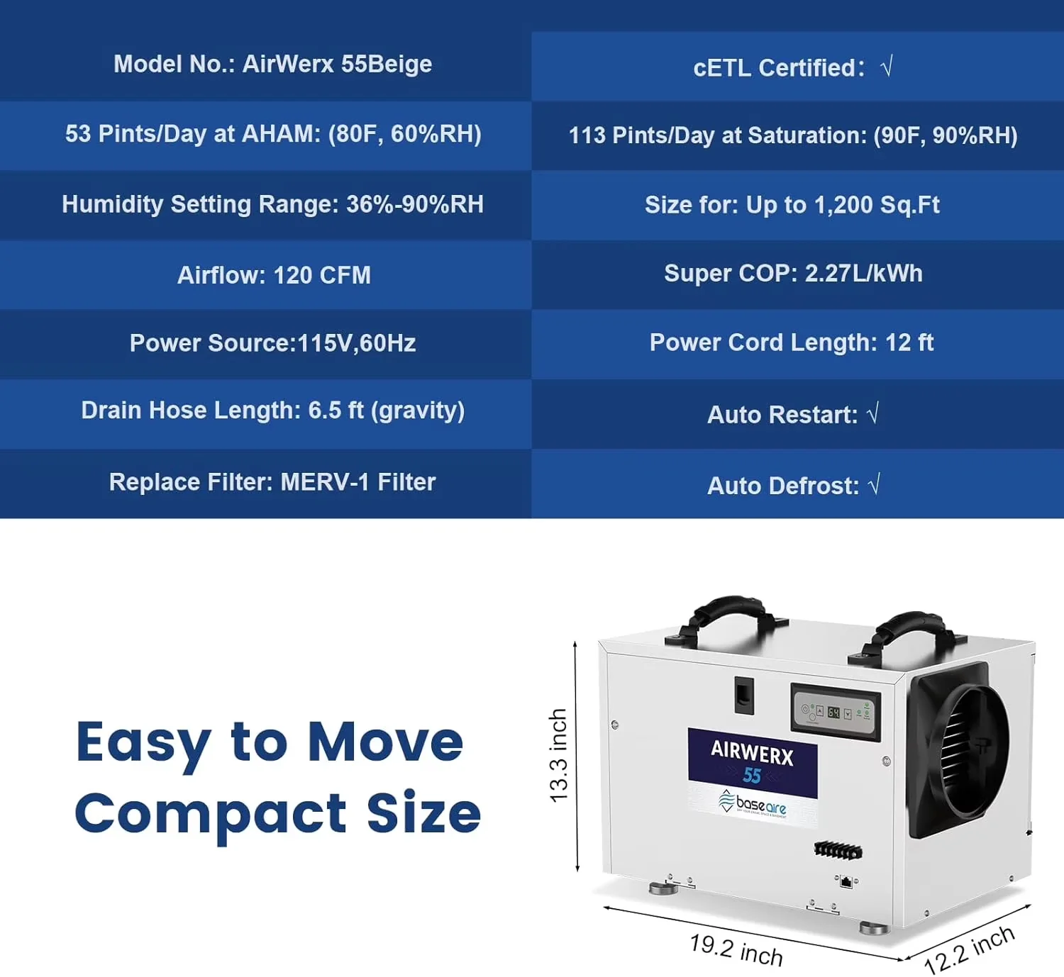 Innovative Dehumidifier with Energy Efficient, Adjustable Humidistat, Bucket Full Indicator - Beige for Garage Model 013494