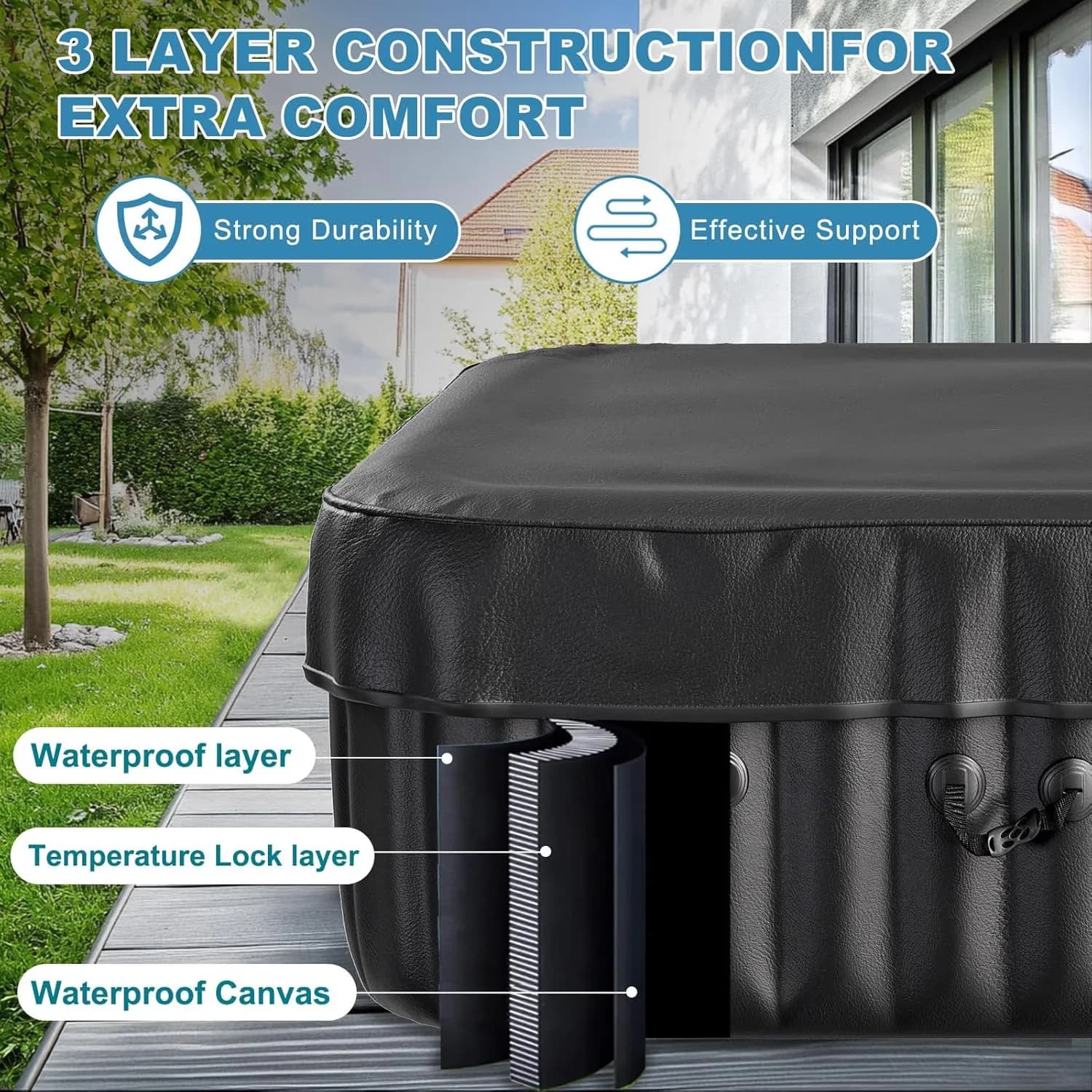 Durable Hot Tub with LED, Energy Efficient, 73 inch Outdoor Inflatable - Black Model C26945
