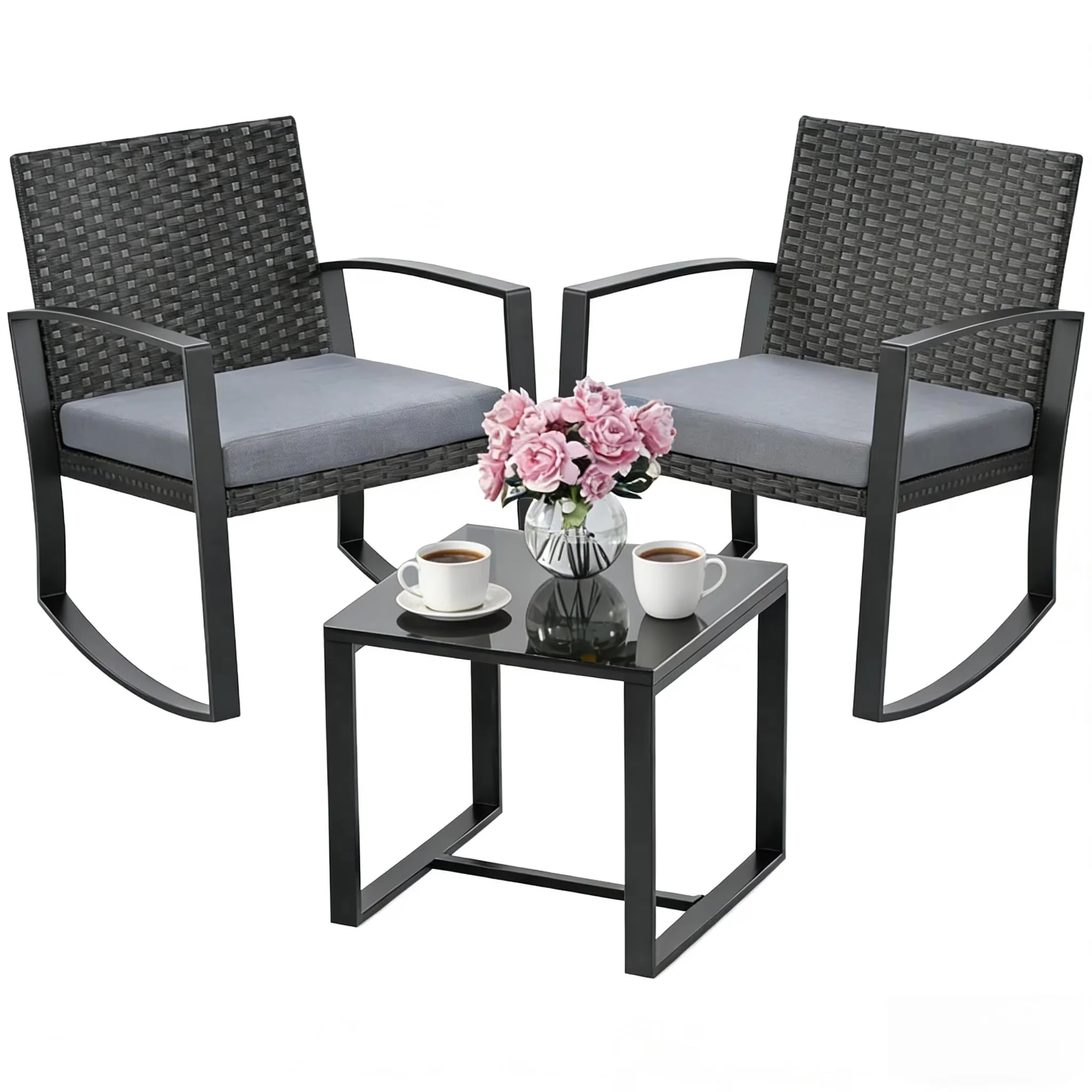 Premium Patio Dining Set with Outdoor Furniture, Table and Cushions, 3 Piece Wicker Rocking Chair - Wicker Gray Model 29D317