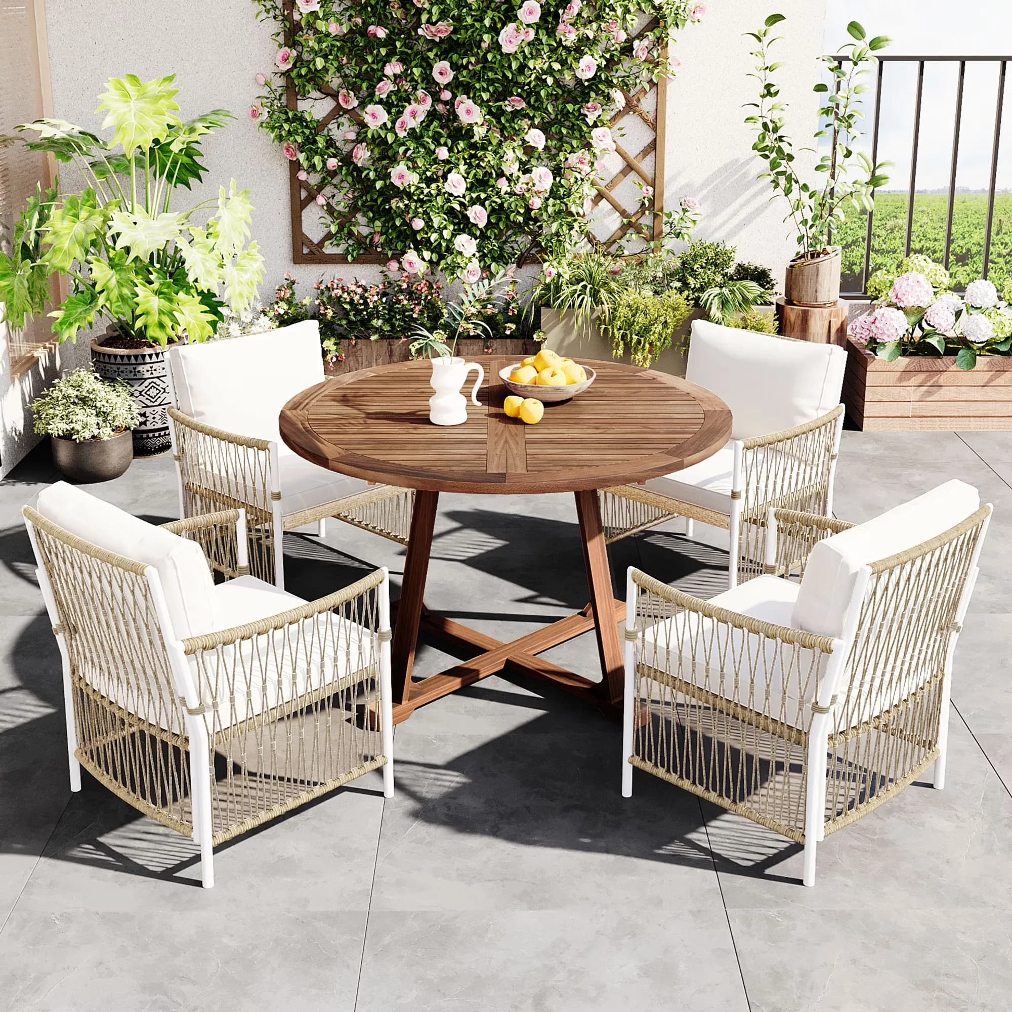 Efficient Patio Dining Set with Foldable, Extendable Table, Product Weight: 107 LBS - Rattan Natural Model D81A40