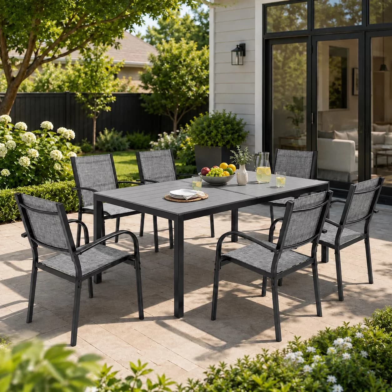 Patio Conversation Set Quality with Modern, Dining Table, 7 Piece Outdoor Dining - Gray Textilene + Steel Frame + Plastic Wood Model 3B6D9F