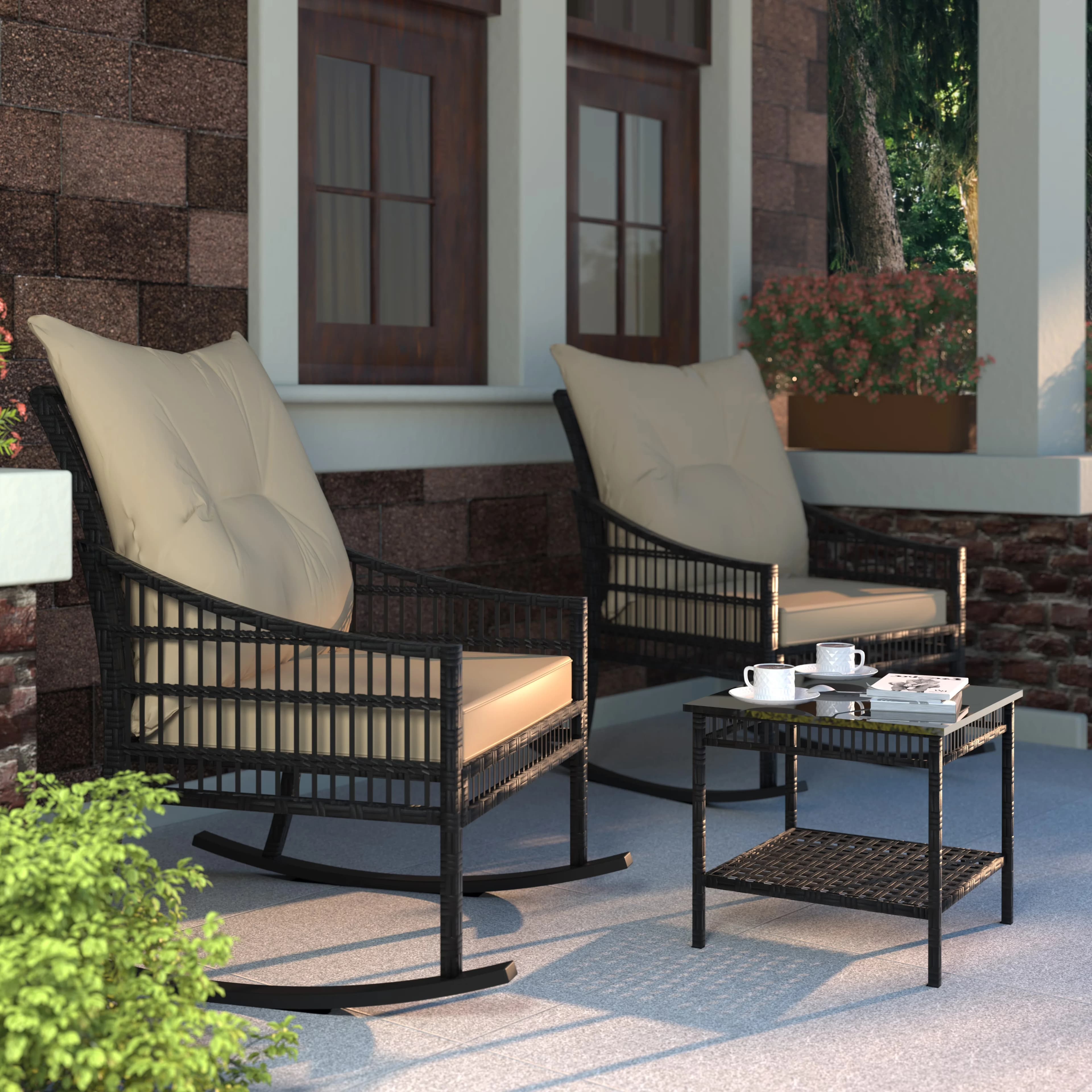 Compact Patio Dining Set with Uv Resistant, Cream White, 3-Piece Outdoor Bistro Sets - Rattan, Glass, Metal, Wicker Beige Model E7CE5E