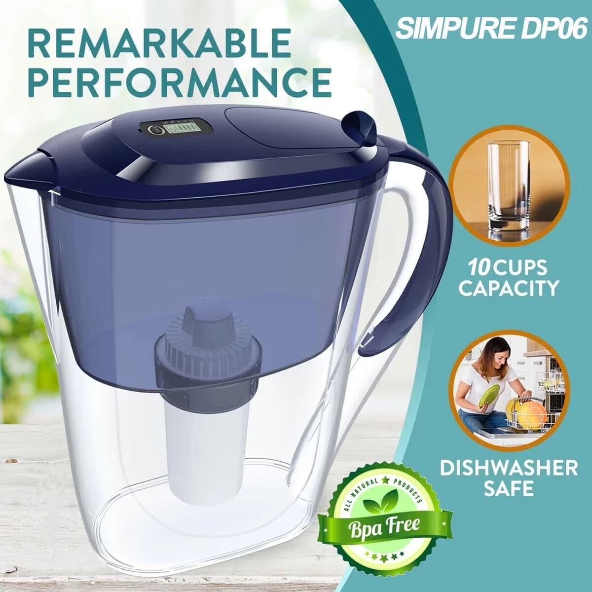 Reliable Water Filtration with Blue, DP06, 10 Cup Pitcher - Plastic,Abs Model CF1129