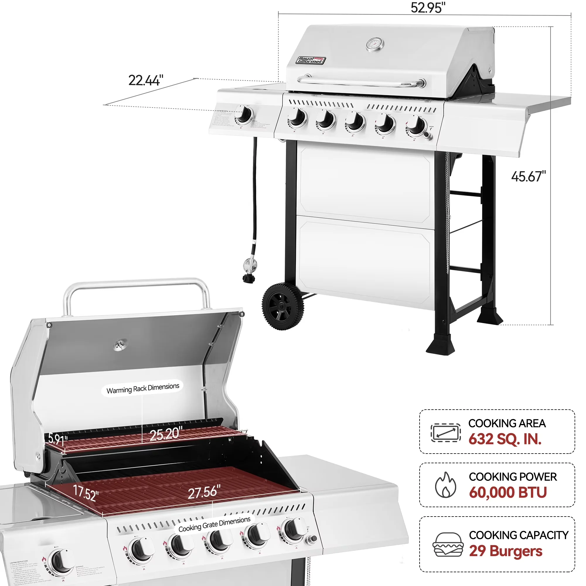 Essential Gas Grill with 60000 BTU, Warming Rack, Side Burner - Stainless Steel Model 8939D2