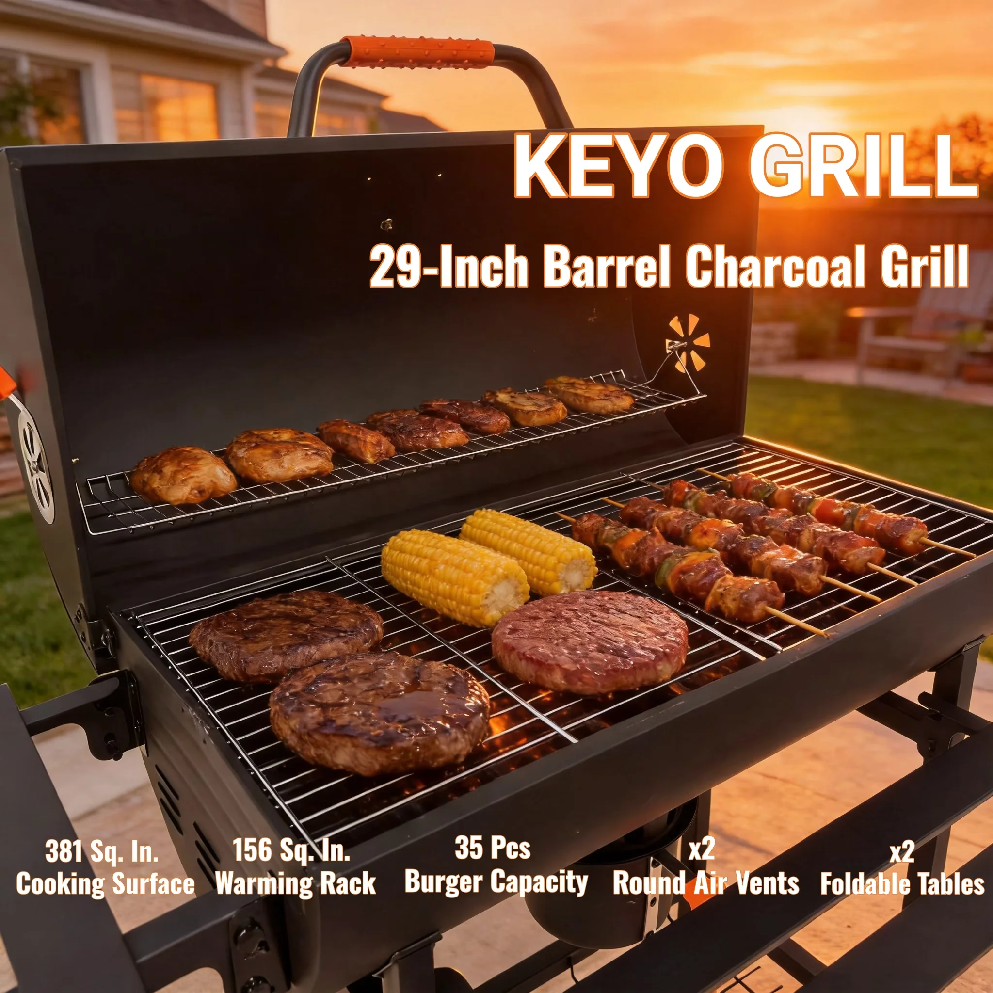 Charcoal Grill Premium with Adjustable Air Vents, Heat Thermometer - Black Metal, Stainless Steel Model CEC065