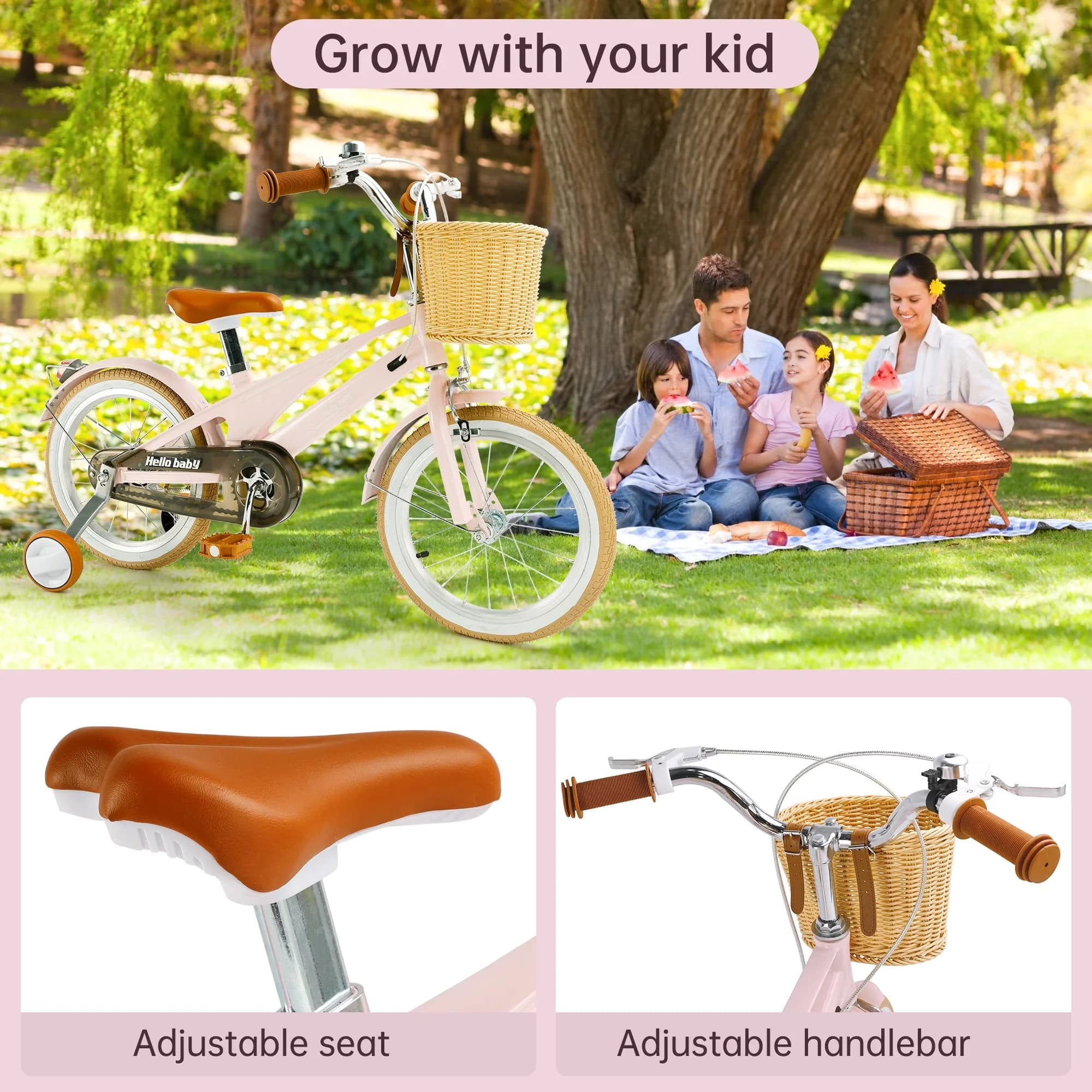 Kids Bike Durable with Adjustable Handlebar Height, Adjustable Seat Height - Pink Model E16513