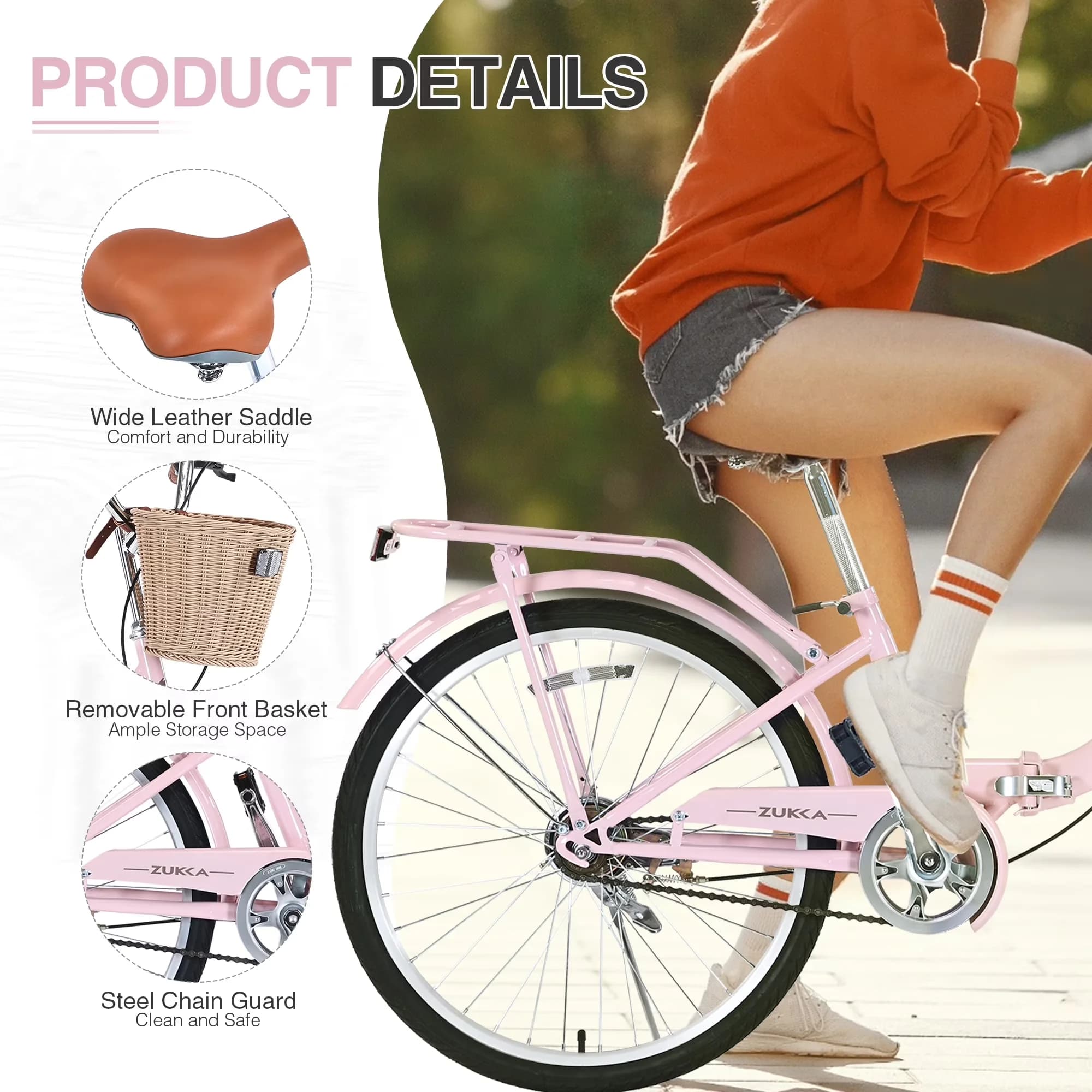 Innovative Cruiser Bike with Foldable, Adjustable Seat Height, Adjustable Handlebar Height - Pink Model EE9F23