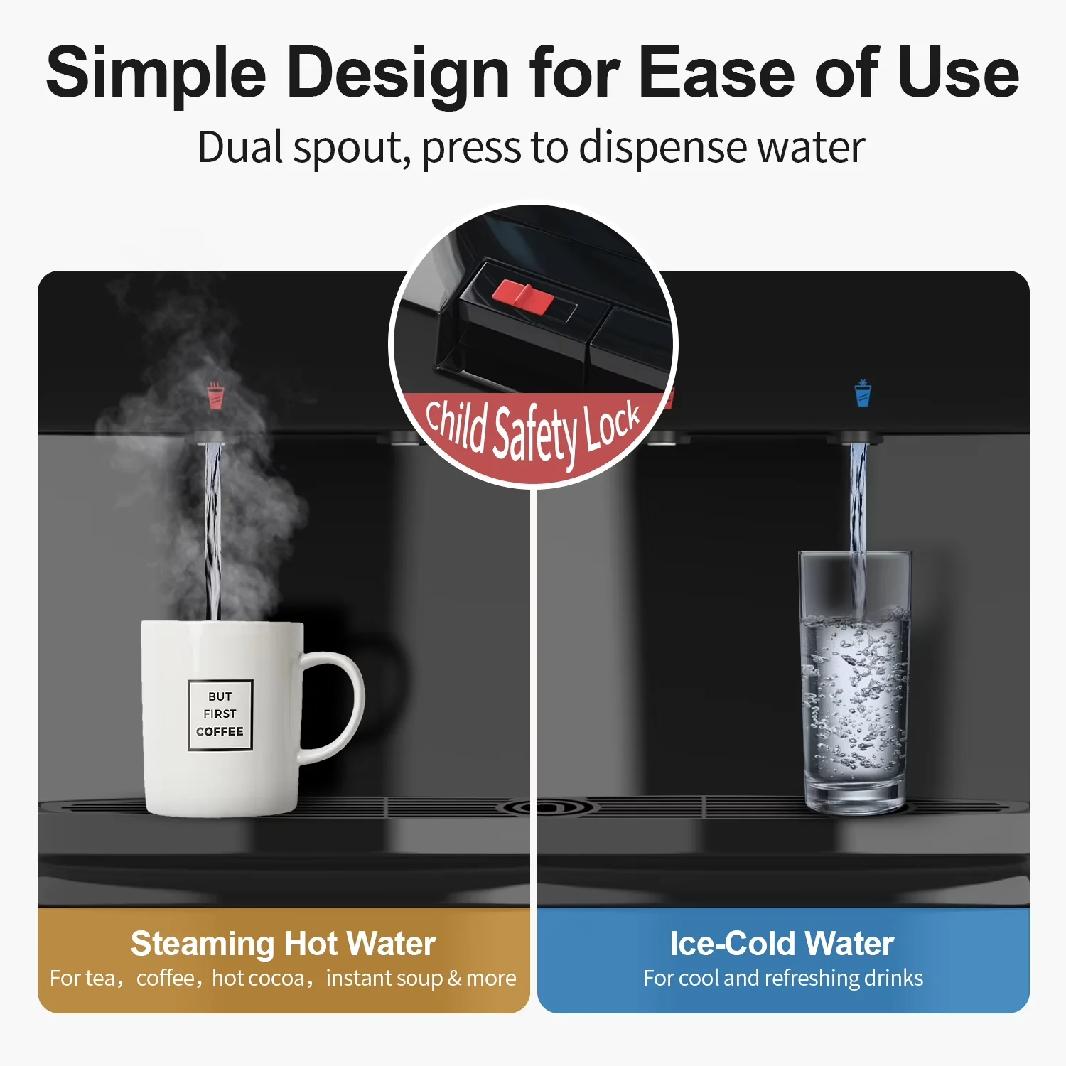 Quality Water Filtration with Child Safely Lock, Top Loading Double Temperature Dispenser - Plastics Black Model E50225