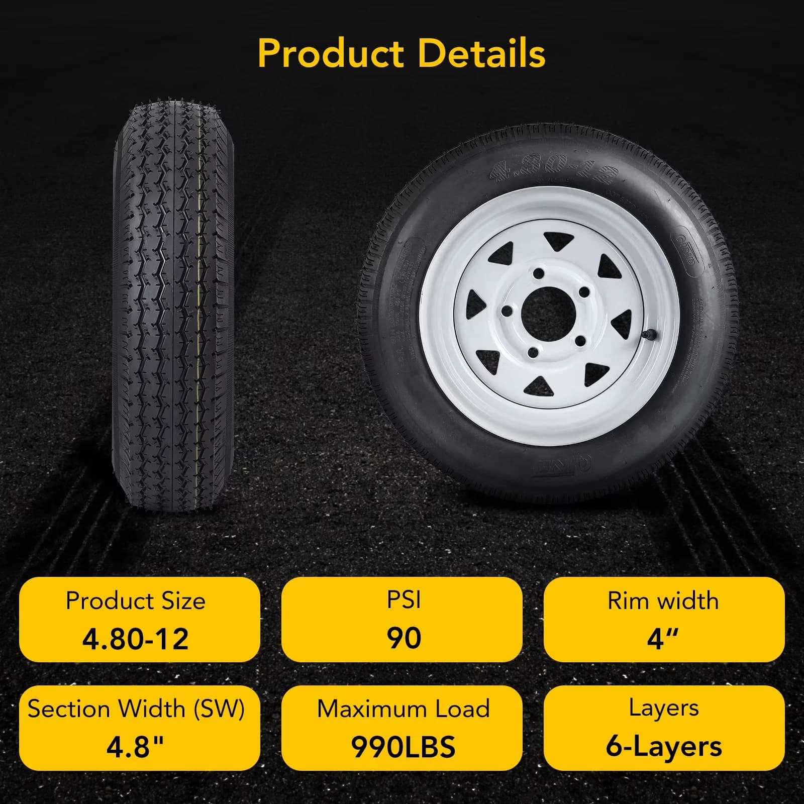 Premium Trailer Tire with Anti-Skid, 4.80-12 4.80x12 480-12 4.80-12 Tires, Bolt Configuration: 5 Lug 4.5" - Model 39A19D