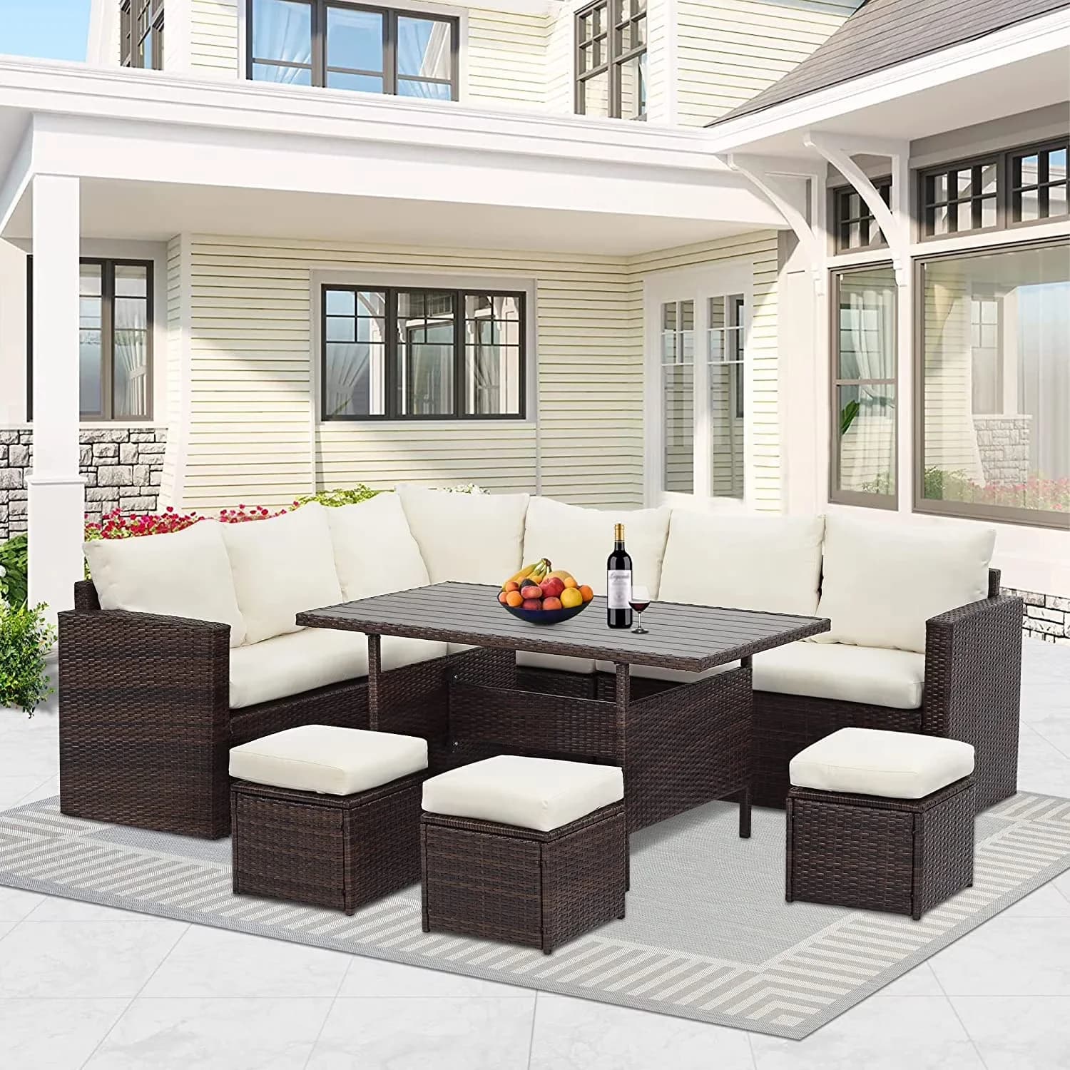 Premium Outdoor Sofas Sectional with Fade Resistant, Traditional - Beige Wicker, Yarn-Dyed Fabric, Steel, Rattan, Polyester Model 38902D